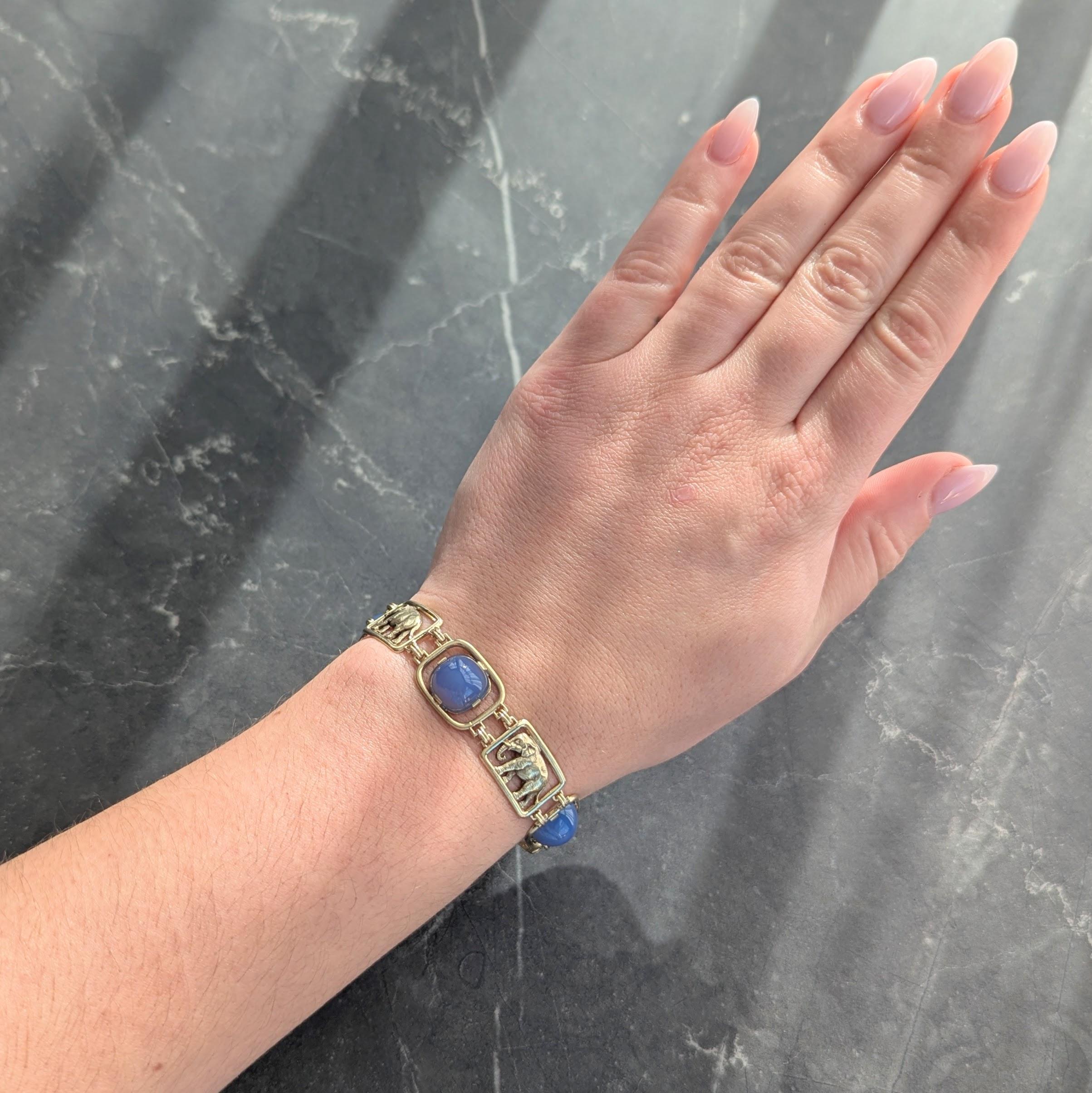 Carter Gough & Co. Art Deco Blue Chalcedony 14K Gold Vintage Elephant Bracelet