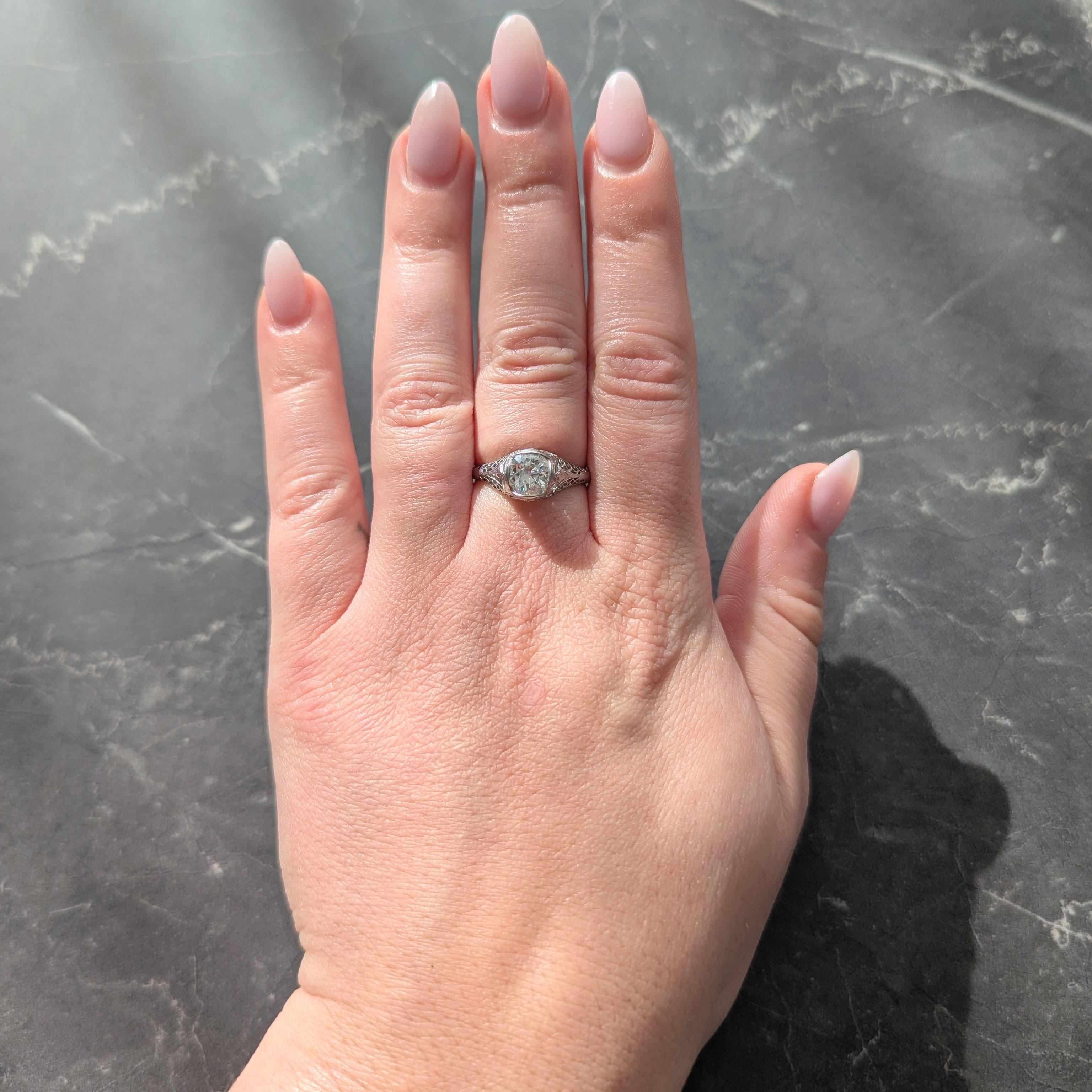 Art Deco Old Mine Cut Diamond Platinum Arching Scroll Antique Engagement Ring