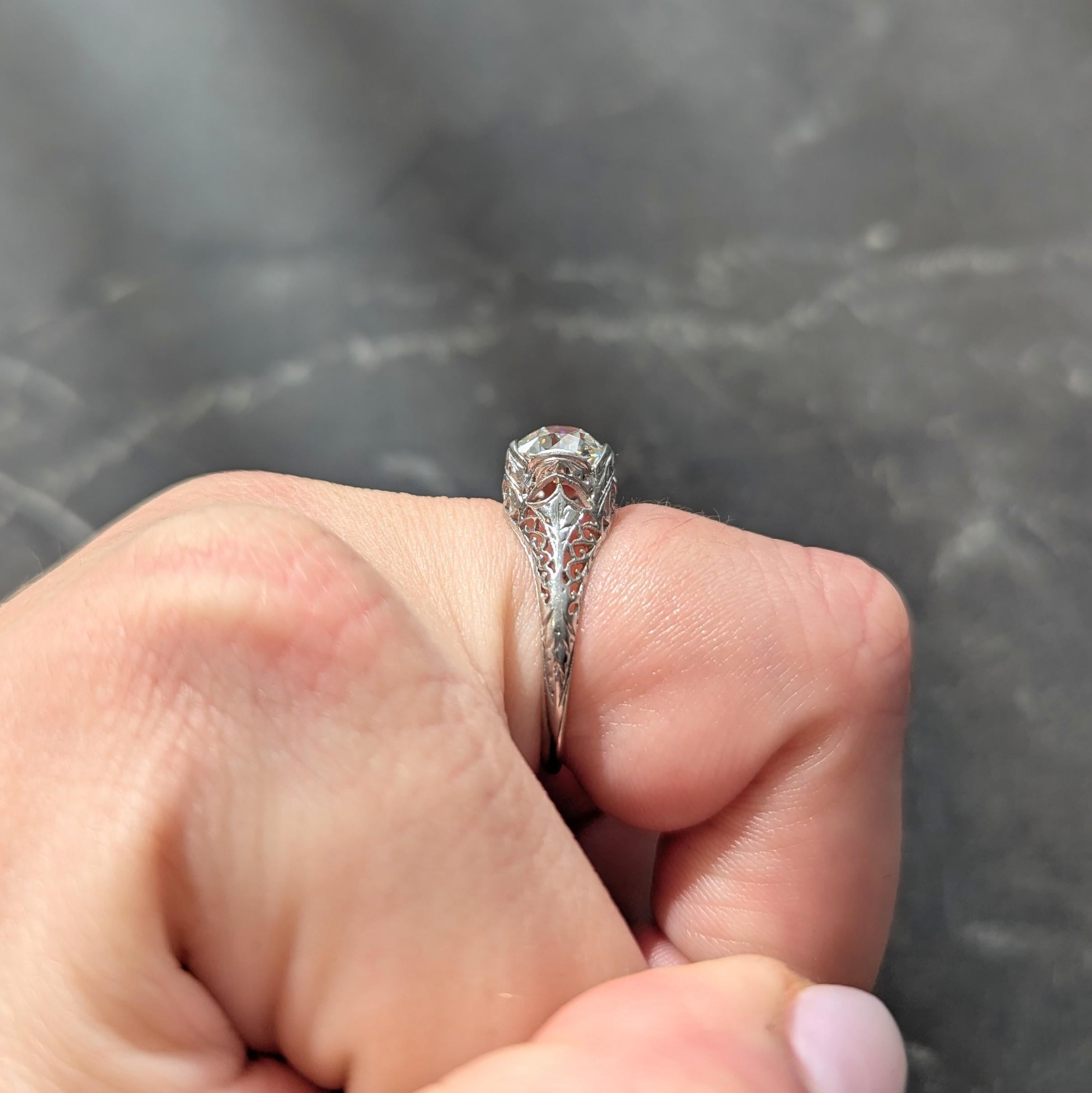 Art Deco Old Mine Cut Diamond Platinum Arching Scroll Antique Engagement Ring