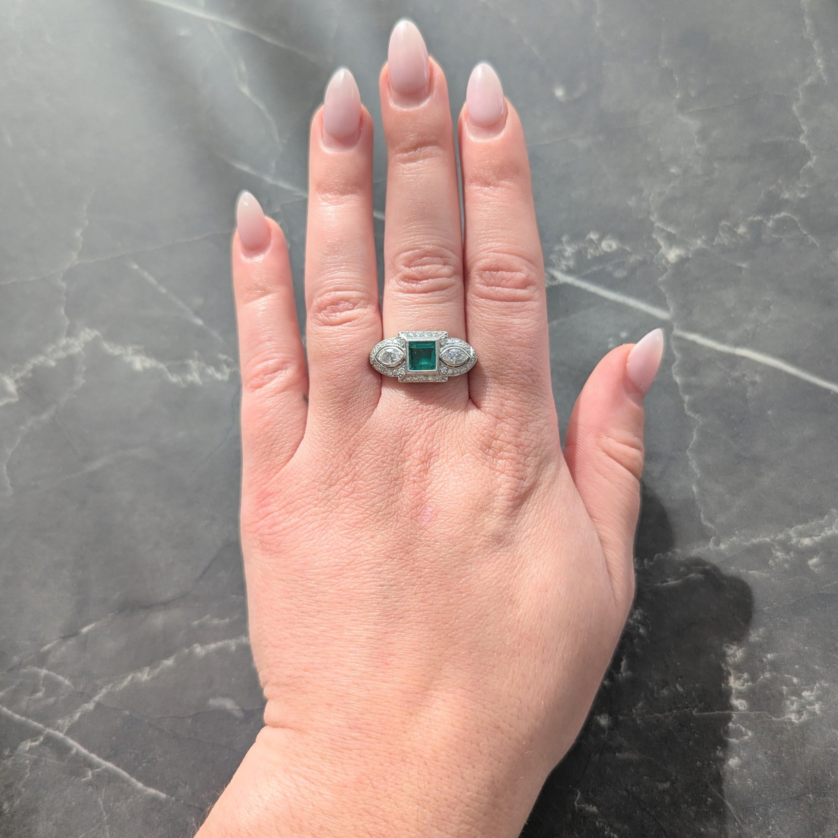 Art Deco 2.25 CTW Emerald Diamond Platinum Vintage Scrolling Halo Ring