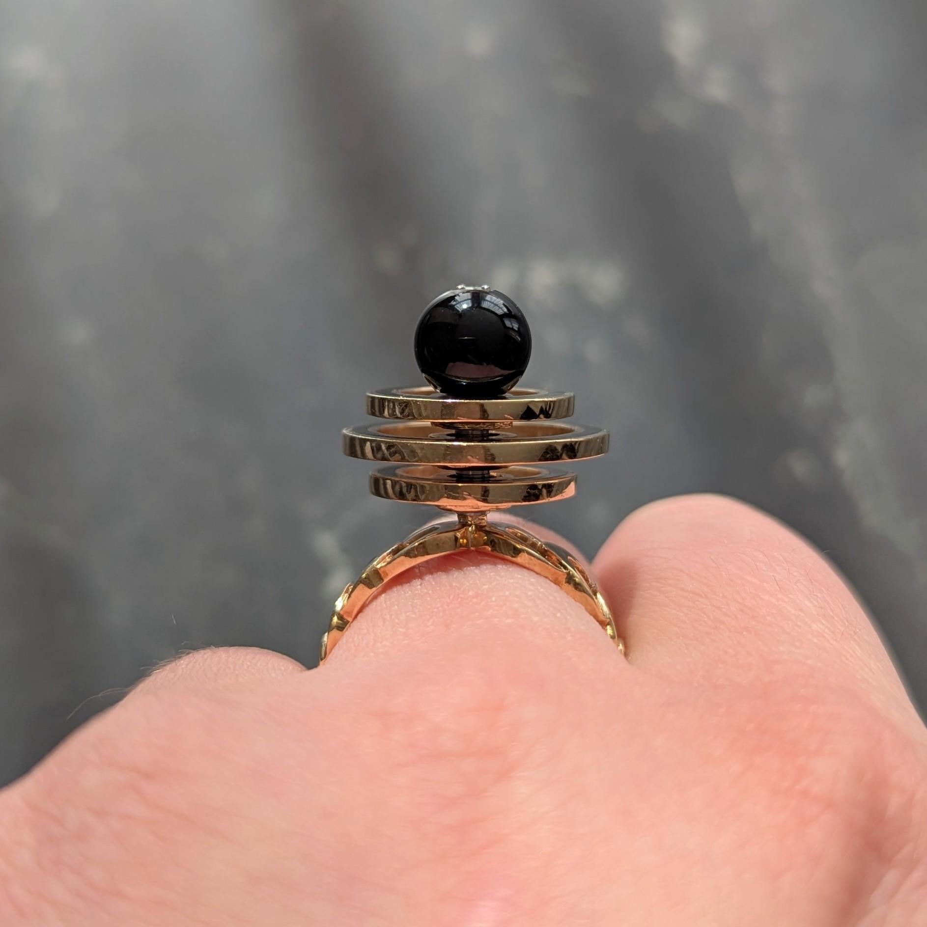 Norman Teufel Onyx Diamond 18K Gold Arch Vintage Kinetic Fidget Spinner Ring