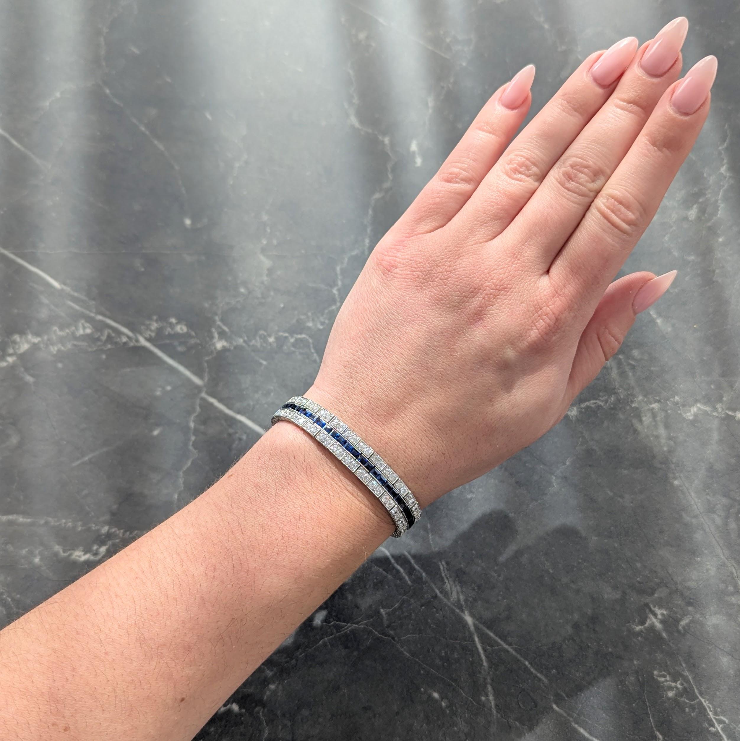 Art Deco 16.80 CTW Diamond Sapphire Platinum Foliate Vintage Line Bracelet