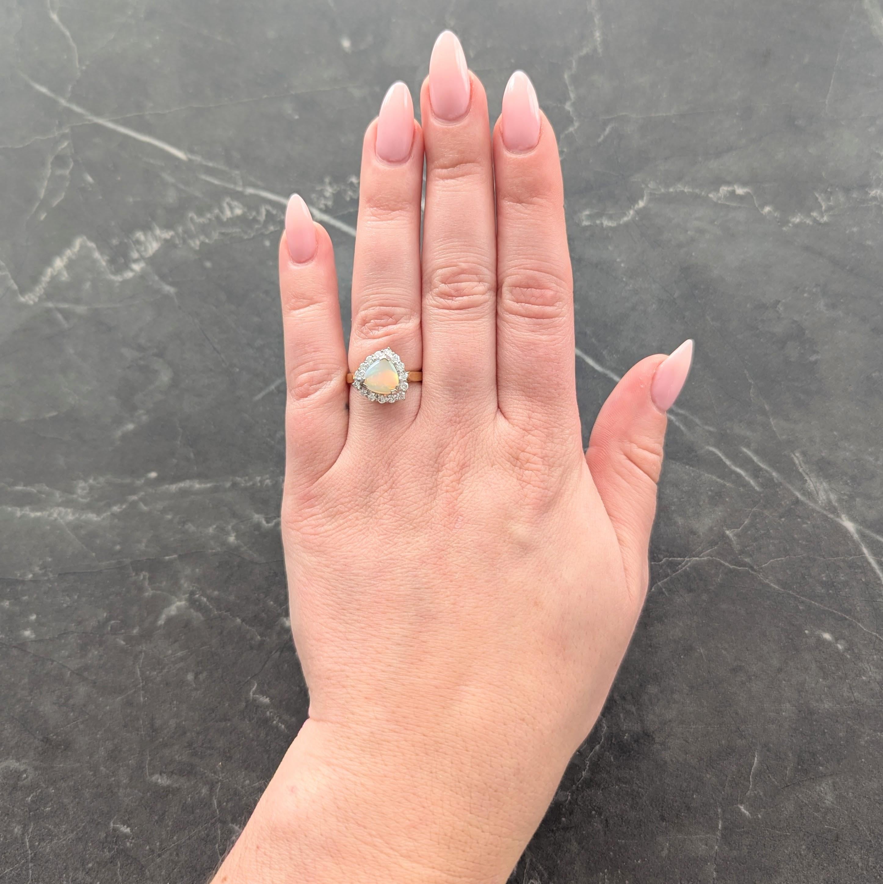 1980's Opal Diamond 18 Karat Yellow White Gold Triangular Vintage Halo Ring