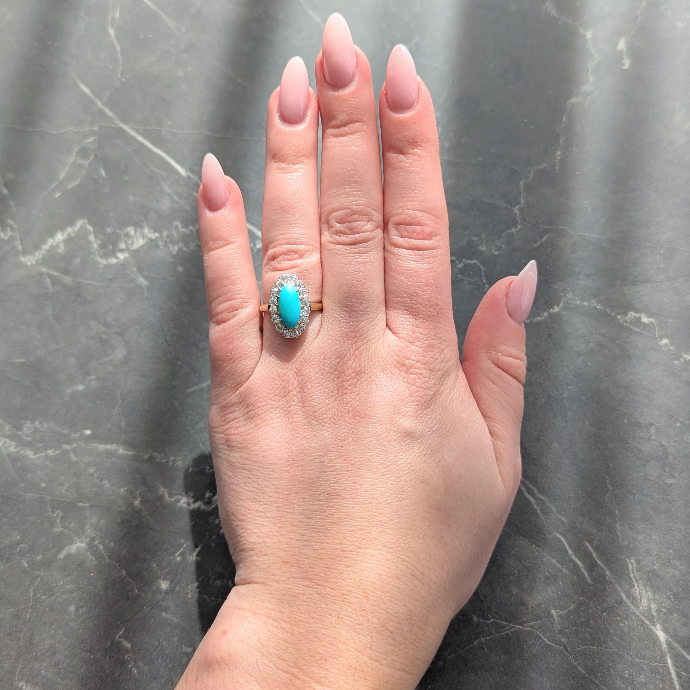 Edwardian Diamond Turquoise Platinum 14 Karat Yellow Gold Antique Halo Ring