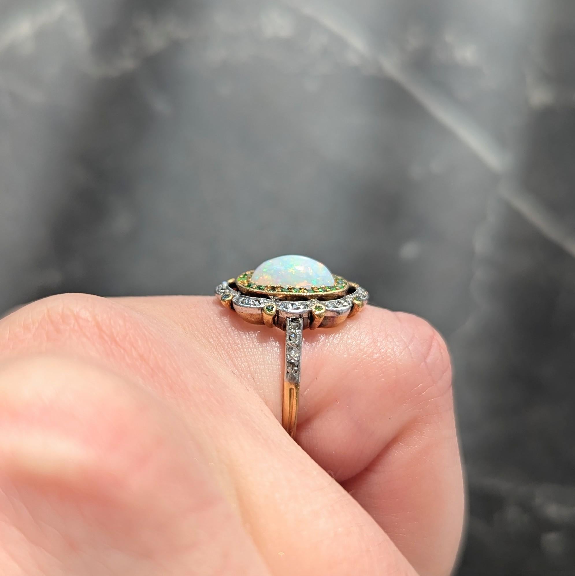 Edwardian Opal Diamond Demantoid Garnet Platinum 18K Gold Antique Cluster Ring