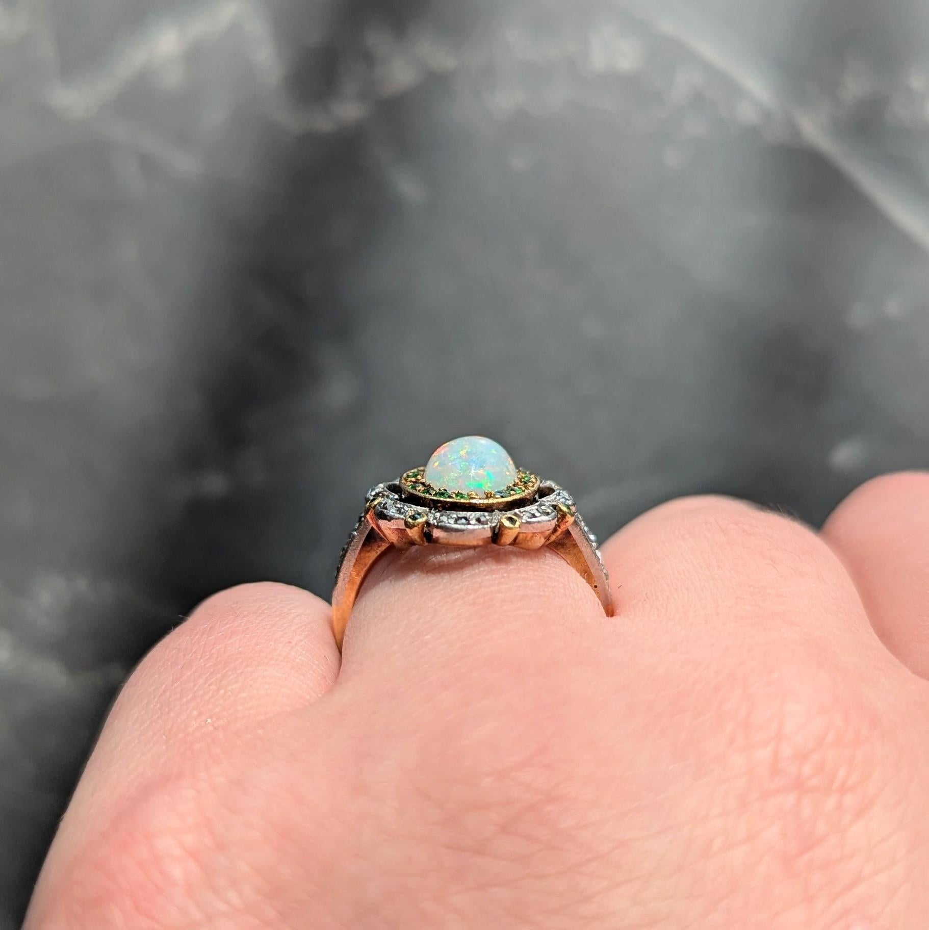 Edwardian Opal Diamond Demantoid Garnet Platinum 18K Gold Antique Cluster Ring
