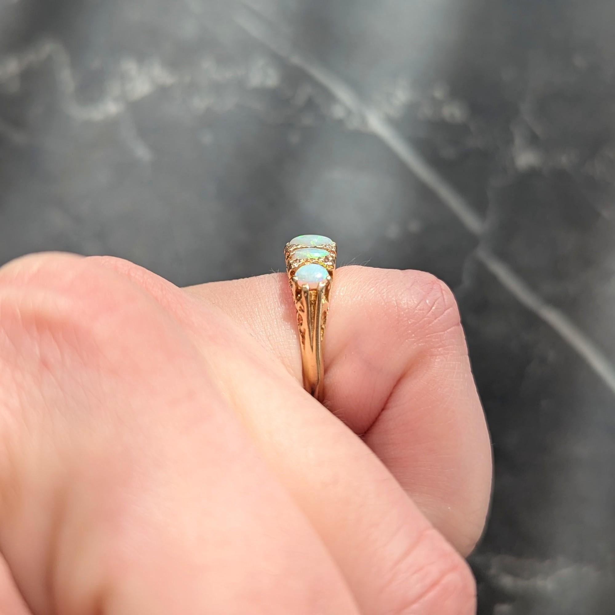 Art Nouveau Opal Diamond 18 Karat Yellow Gold Scrolling Antique Band Ring