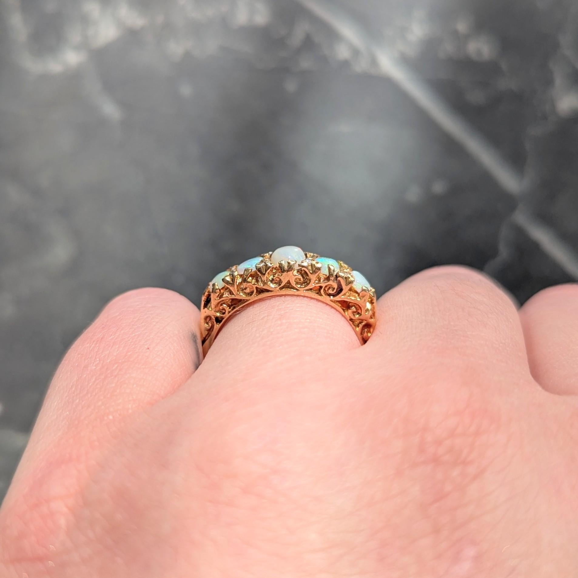 Art Nouveau Opal Diamond 18 Karat Yellow Gold Scrolling Antique Band Ring