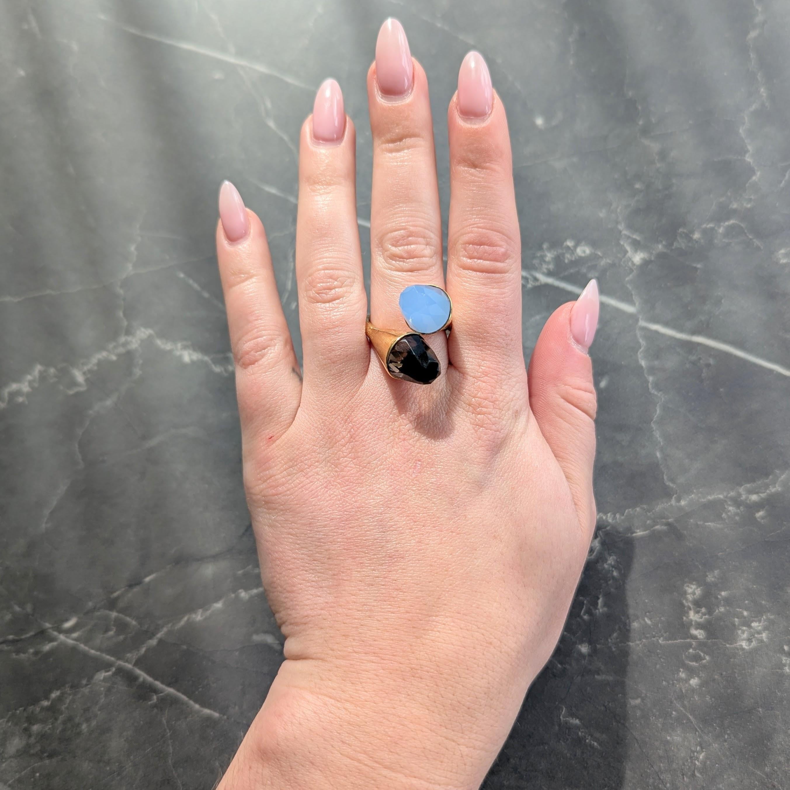 Contemporary Blue Chalcedony Smoky Quartz 18K Yellow Gold Bypass Ring