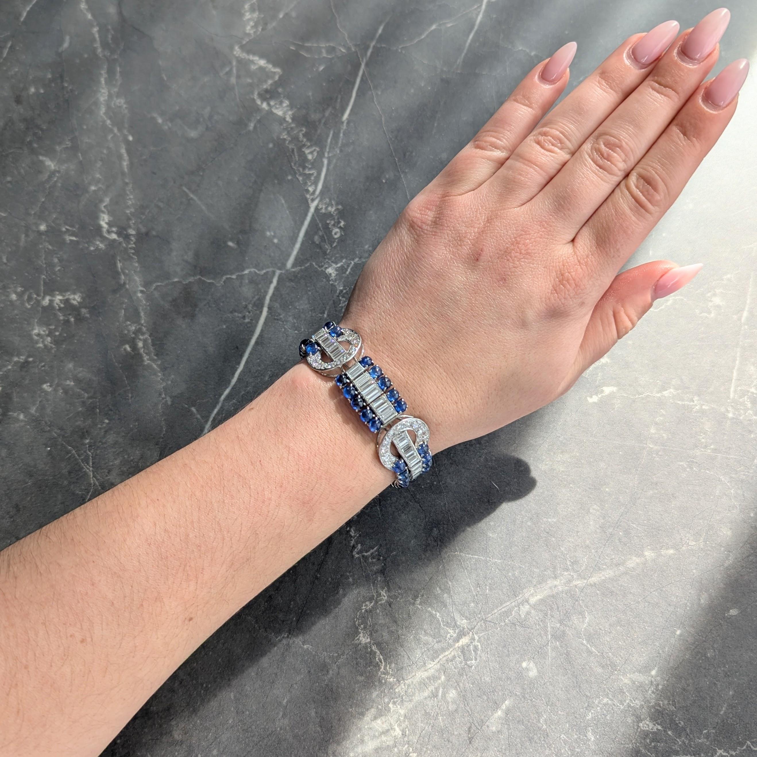 Art Deco 35.50 CTW Sapphire Diamond Platinum Vintage Buckle Line Bracelet