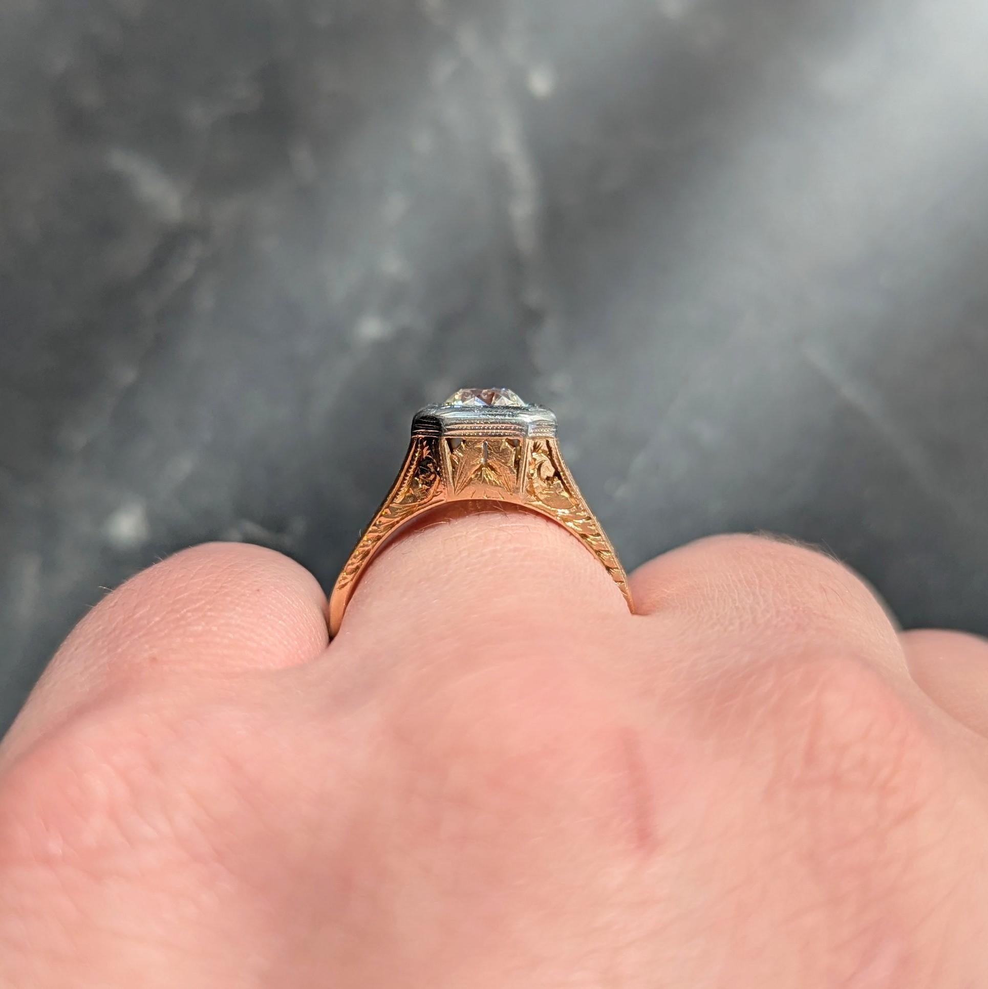 Art Deco Old European Cut Diamond 18K Gold Vintage Foliate Engagement Ring