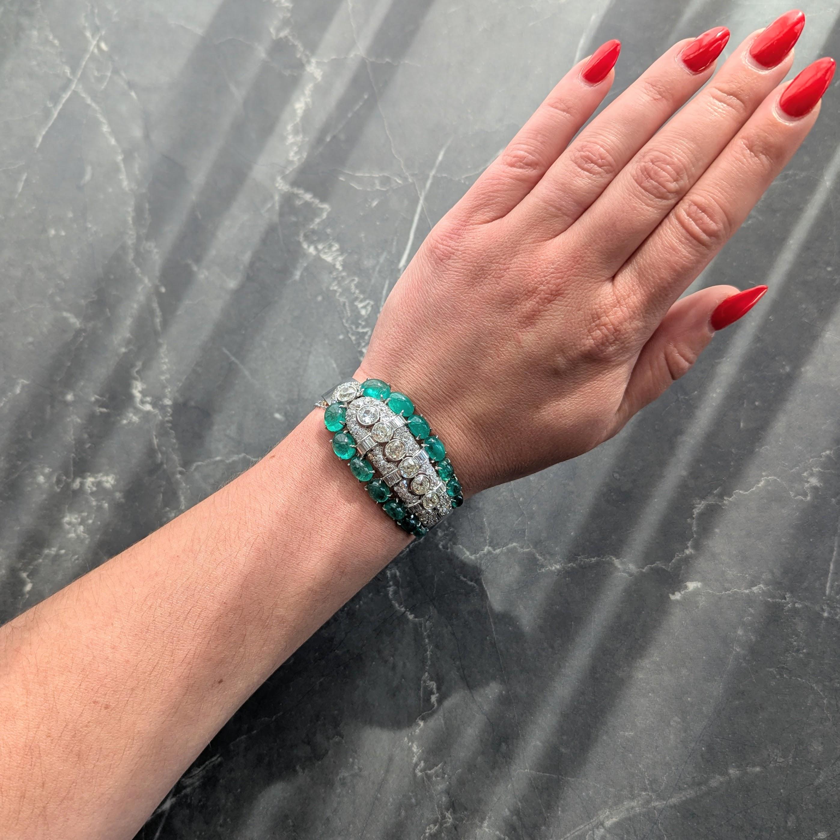 Art Deco 40.30 CTW Diamond Emerald Platinum 14K Gold Vintage Bangle Bracelet