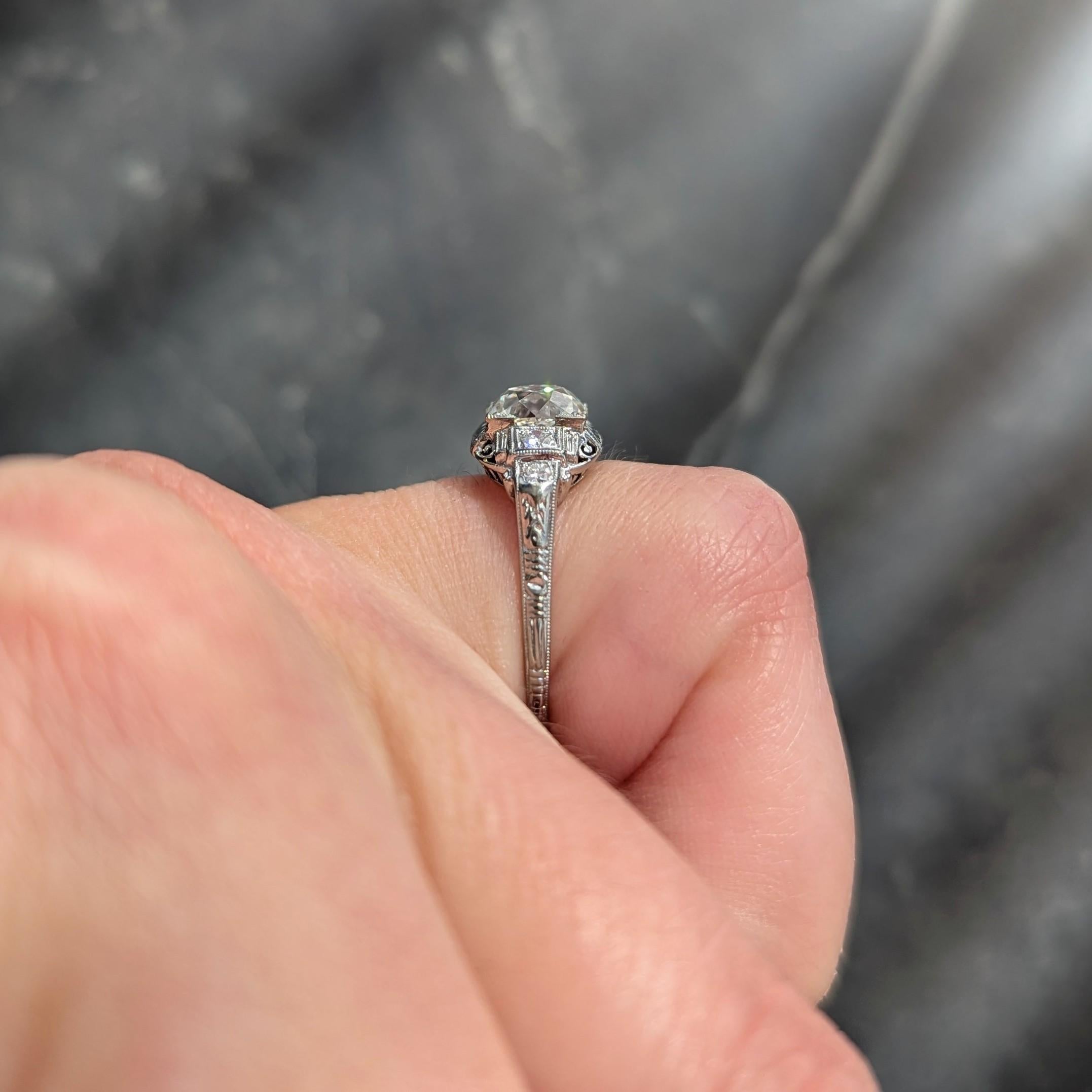 Art Deco 1.58 CTW Old European Diamond 18K Checkerboard Vintage Engagement Ring