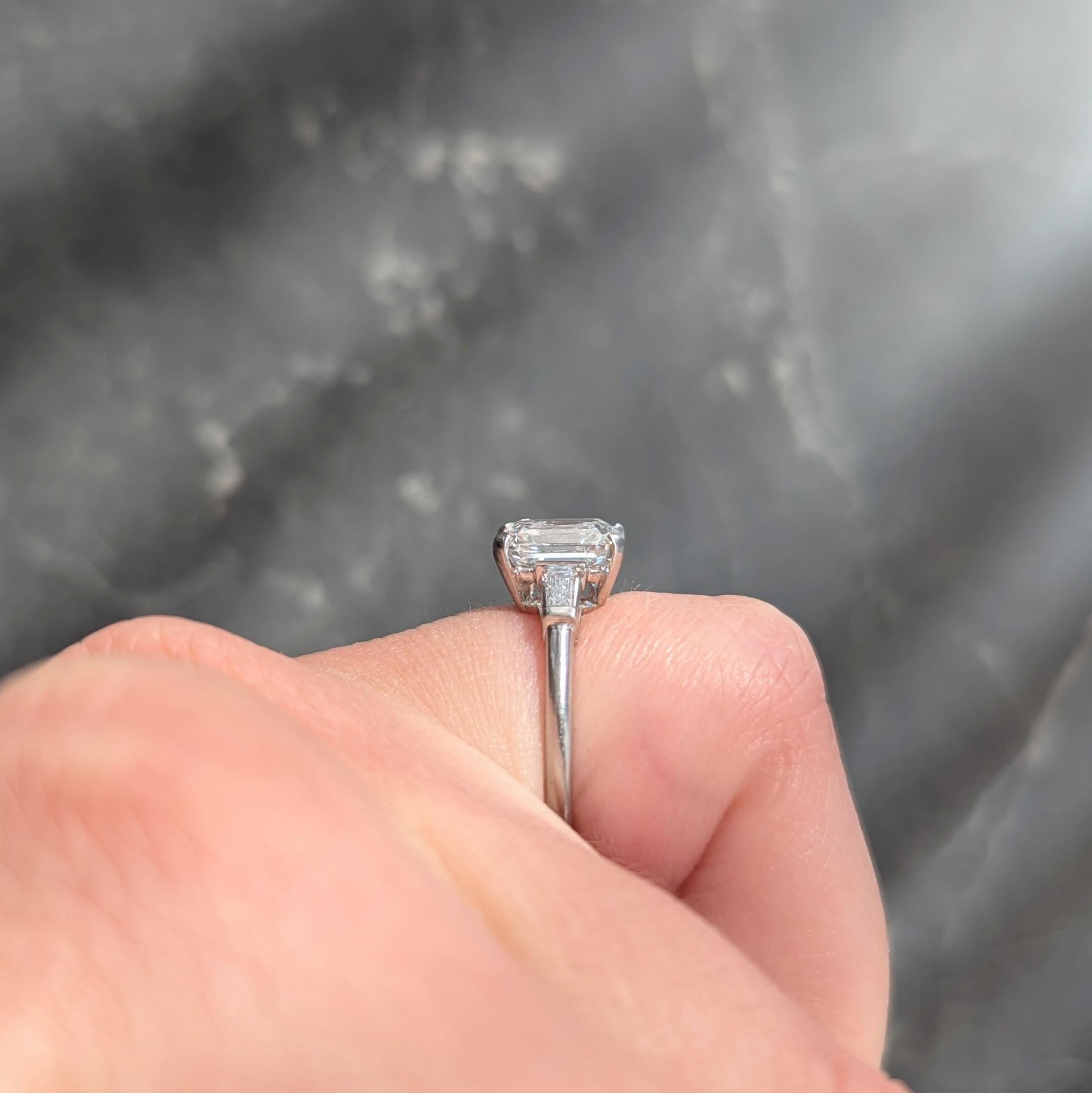 Mid-Century Emerald Cut Diamond Platinum Three Stone Vintage Engagement Ring