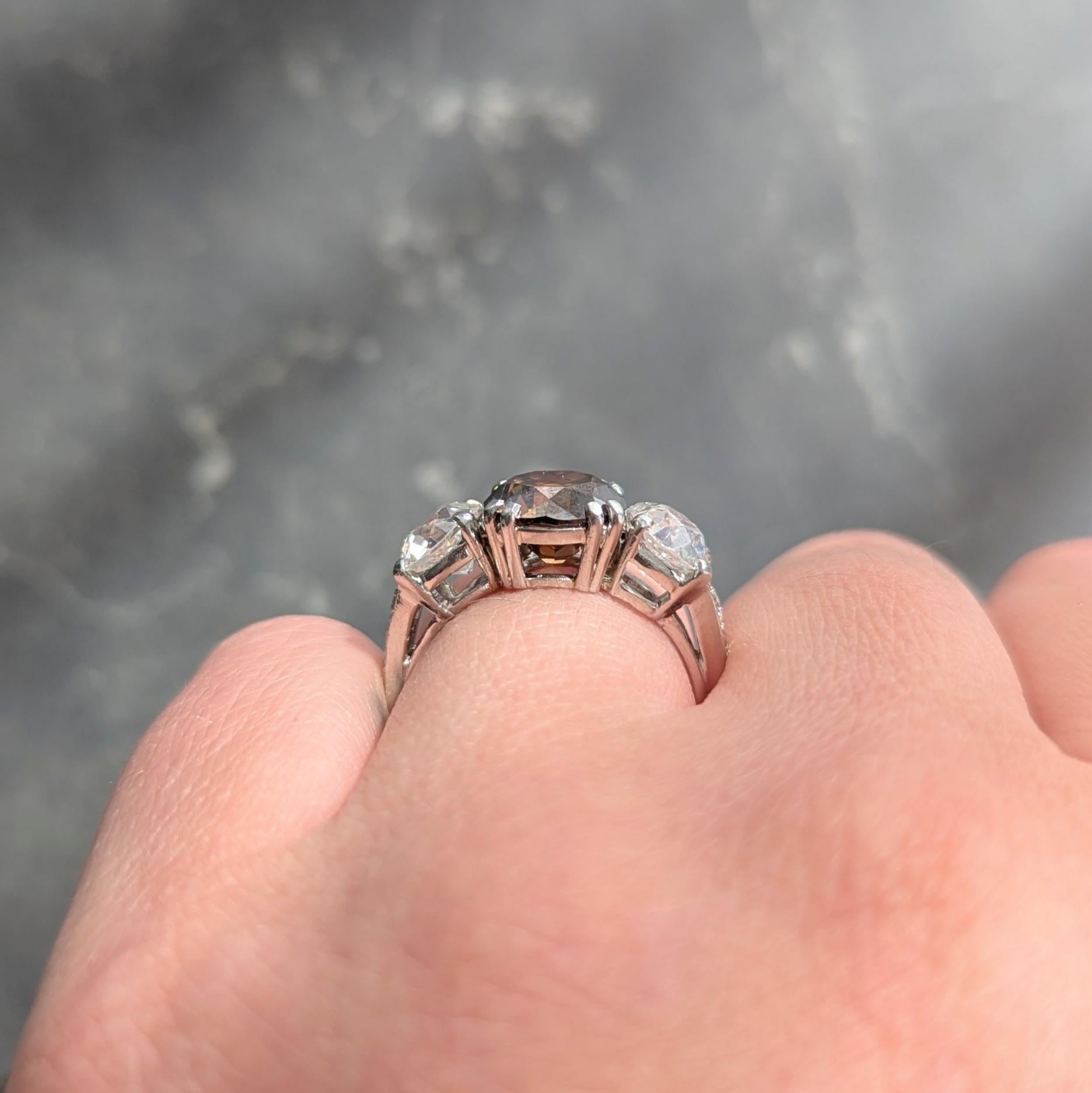 Mid-Century 4.25 CTW Fancy Orangy Brown Diamond Platinum Vintage Engagement Ring