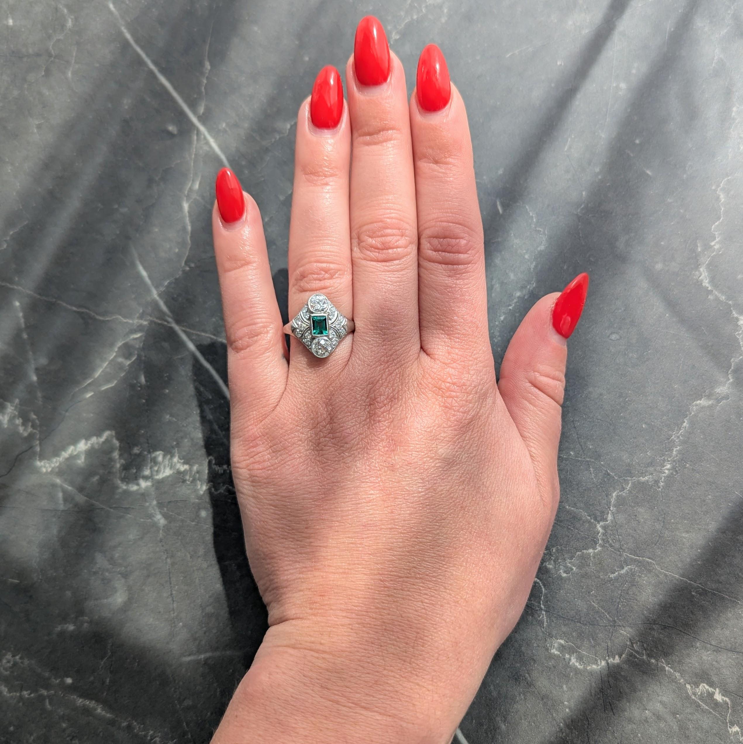 Art Deco 1.75 CTW Emerald Diamond Platinum Vintage Navette Dinner Ring