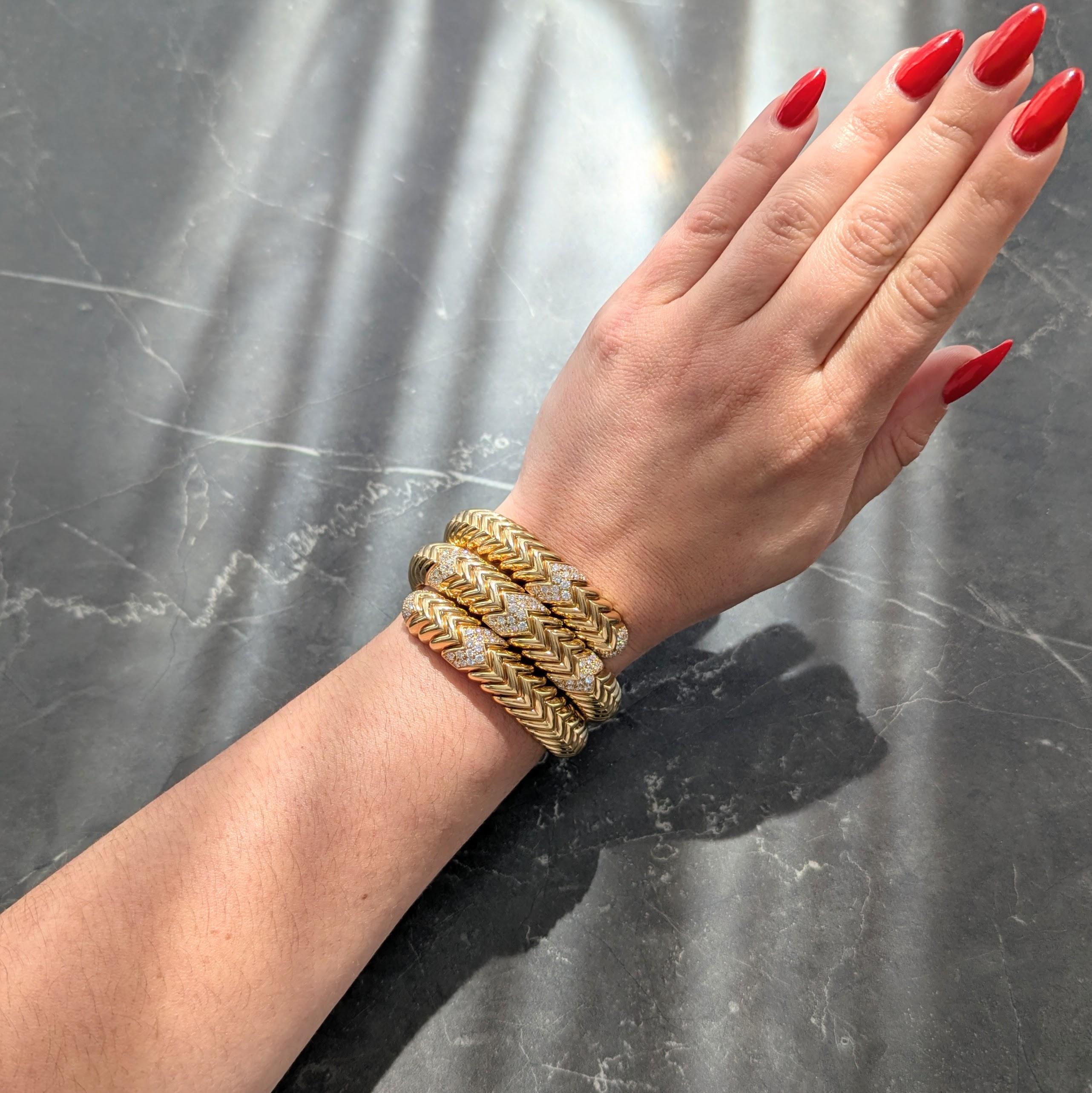 Bvlgari French 1970's Diamond 18K Gold Yellow Vintage Triple Spiga Wrap Bracelet