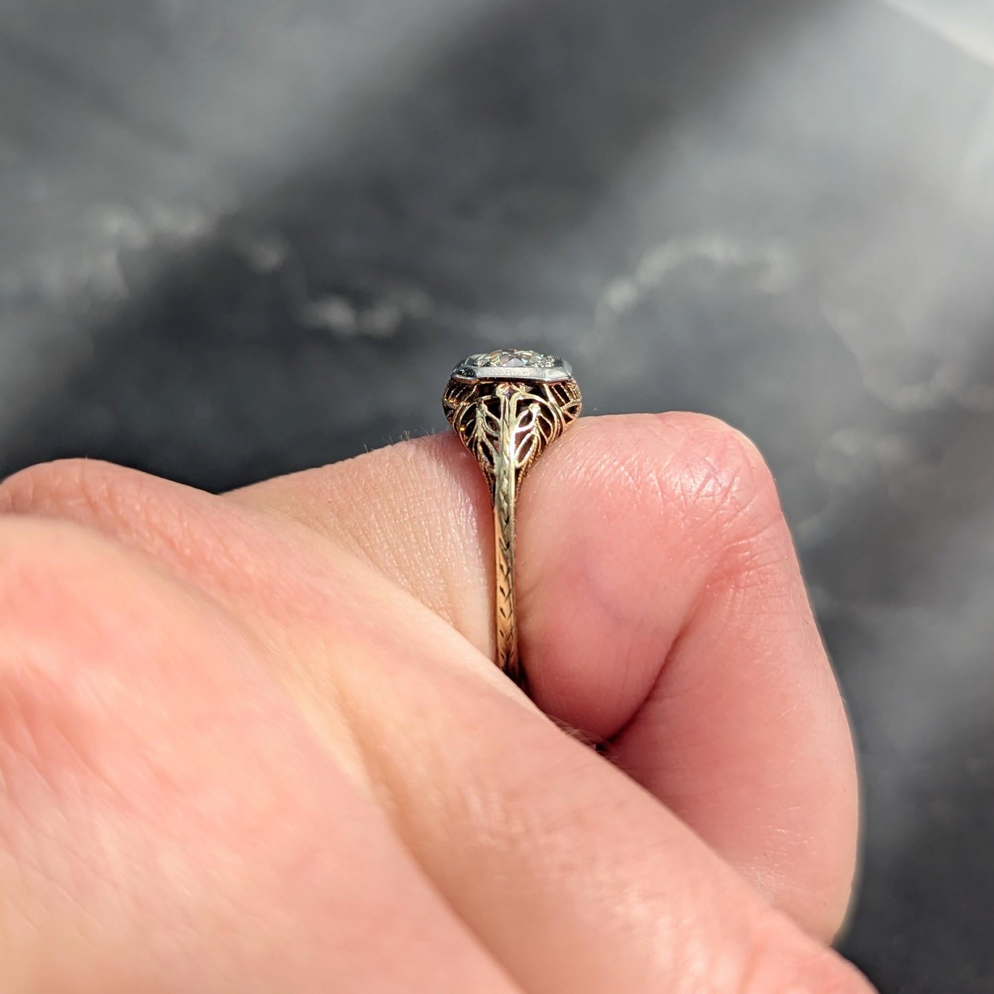 Edwardian Old European Cut Diamond 14 Karat Gold Foliate Engagement Ring
