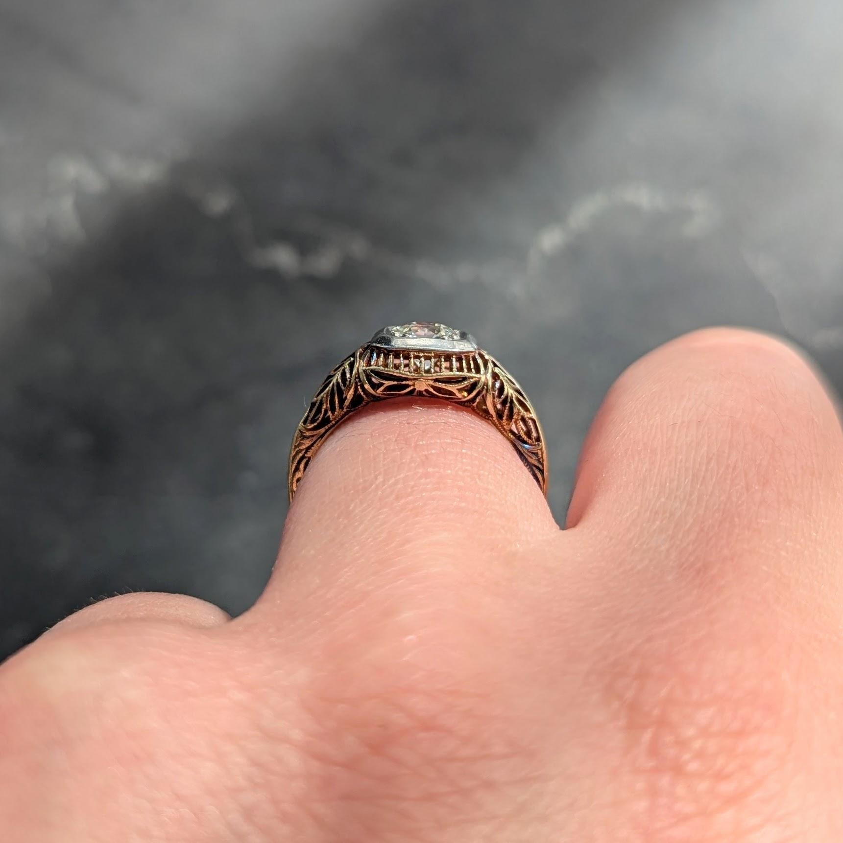 Edwardian Old European Cut Diamond 14 Karat Gold Foliate Engagement Ring