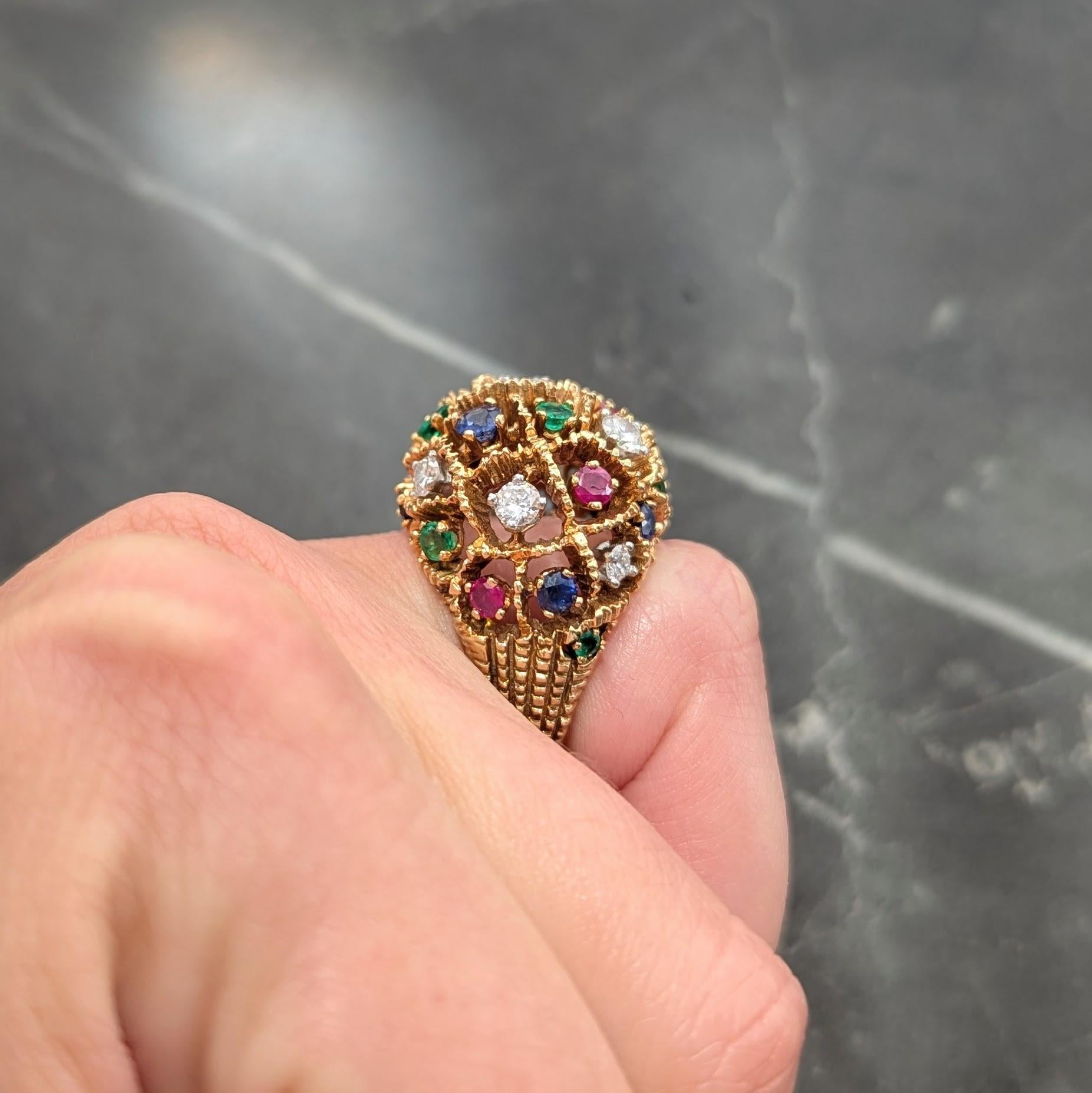 French Diamond Emerald Ruby Sapphire 18K Yellow Gold Platinum Vintage Dome Ring