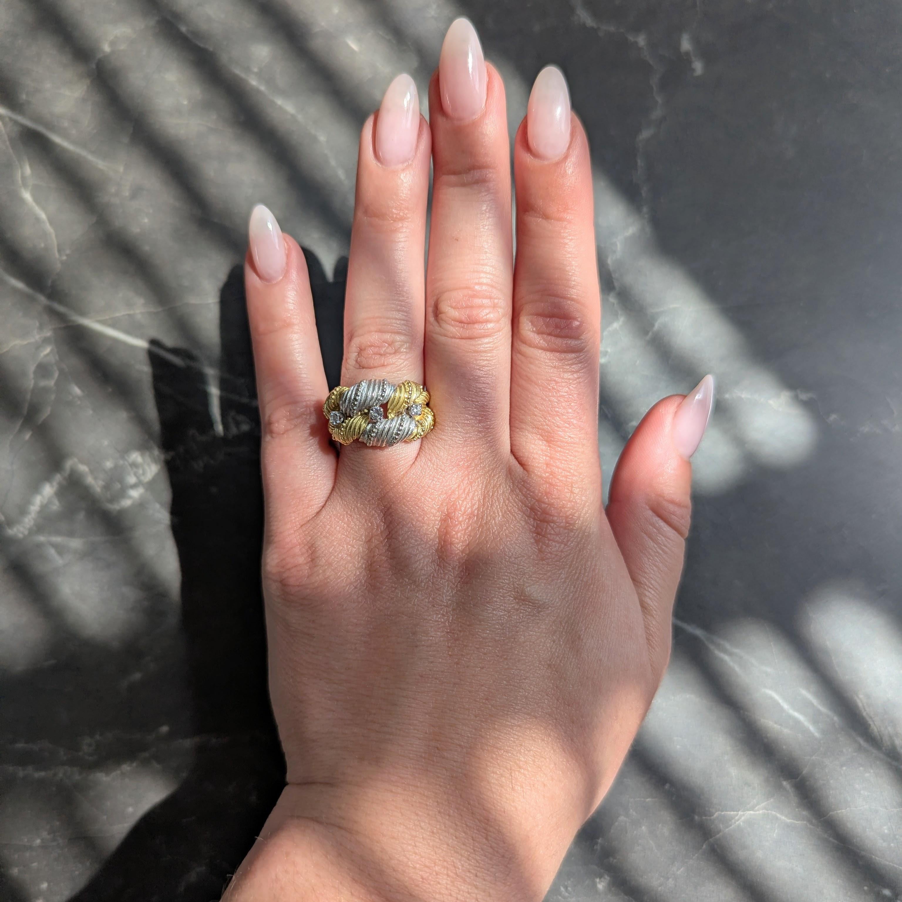 French 1960's Diamond 18 Karat Yellow Gold Platinum Vintage Twist Link Band Ring