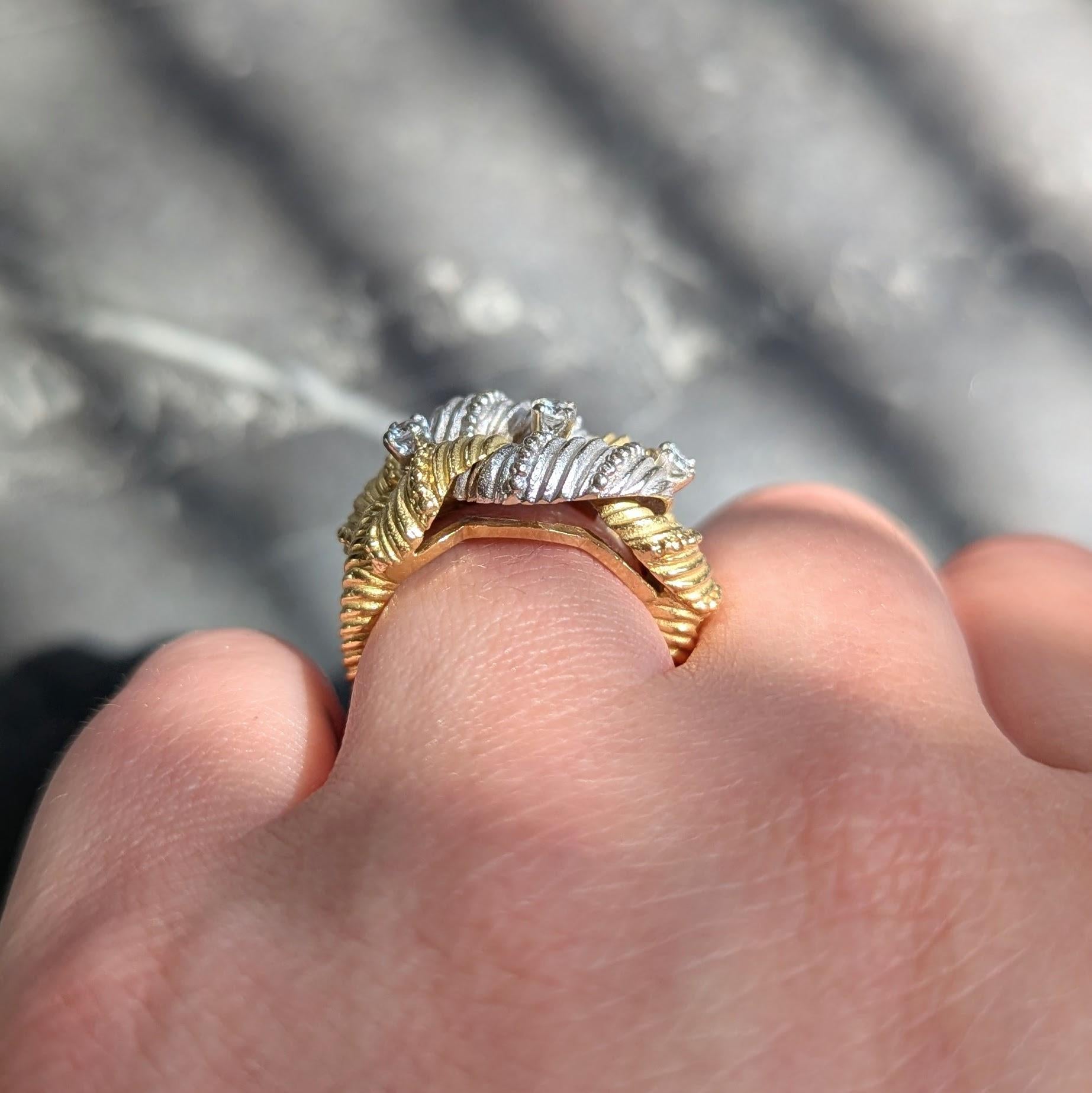 French 1960's Diamond 18 Karat Yellow Gold Platinum Vintage Twist Link Band Ring