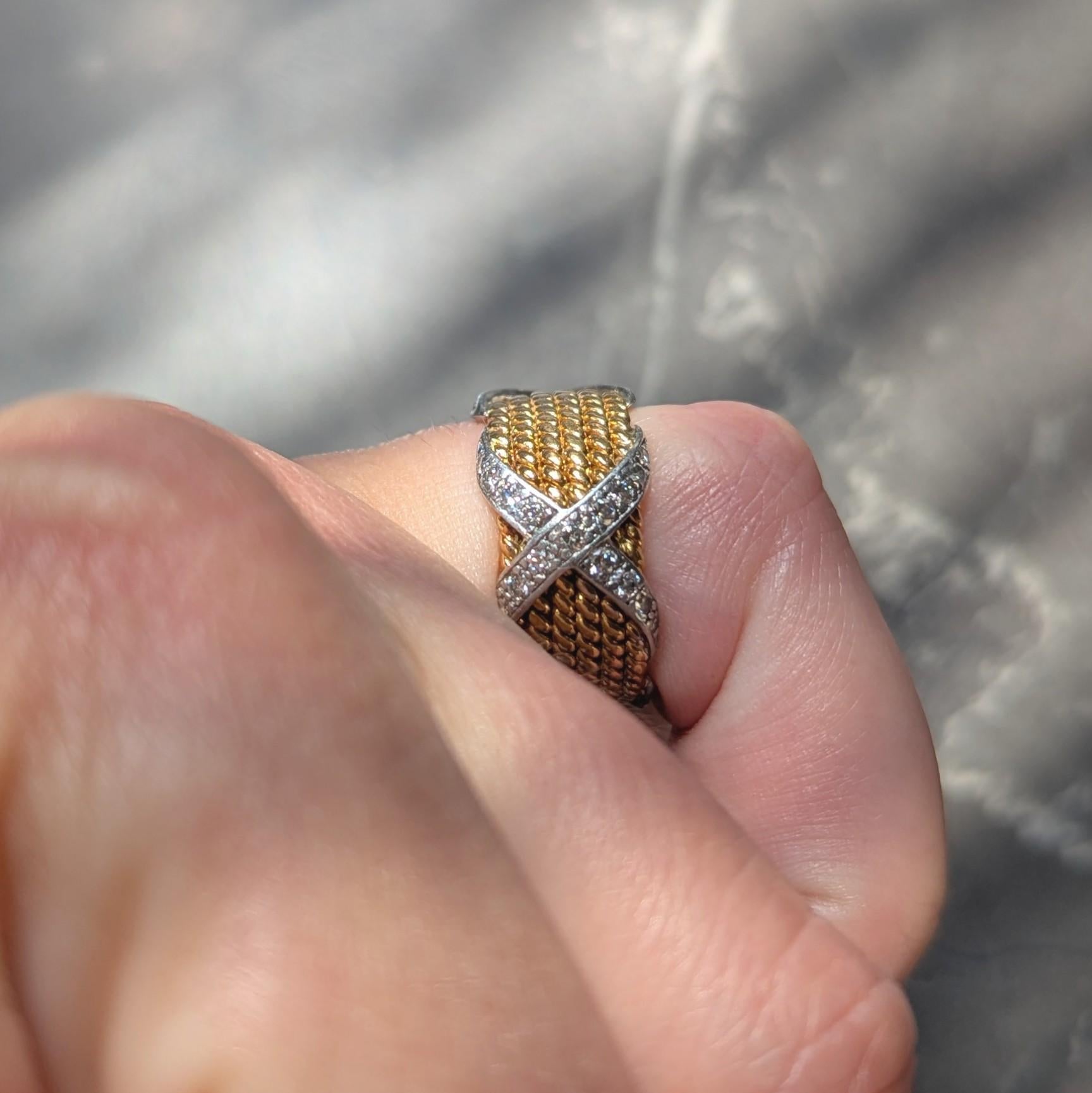 Tiffany & Co. Jean Schlumberger Diamond 18K Gold Platinum Vintage X Band Ring