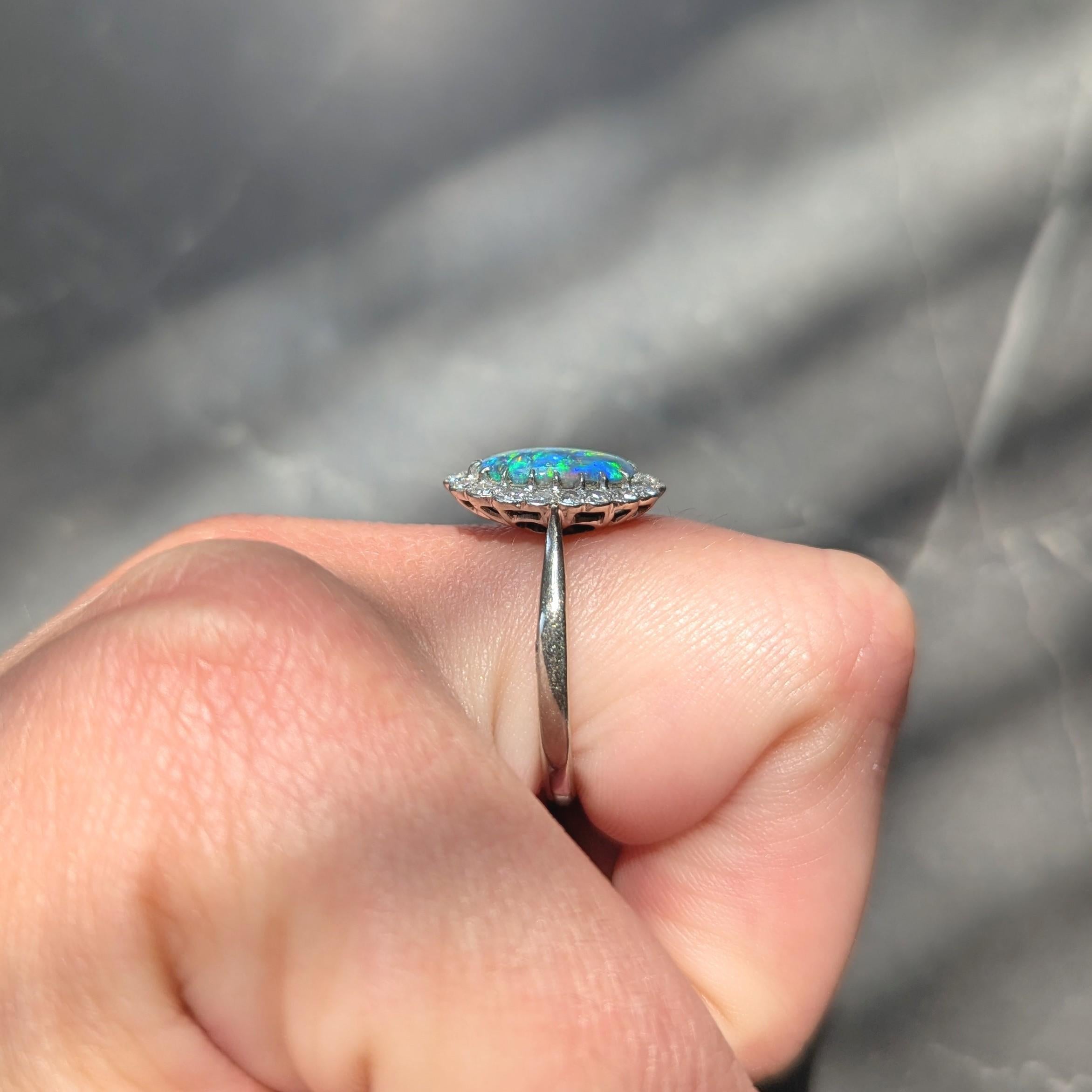 1950's Diamond Opal 18 Karat White Gold Platinum Vintage Halo Ring