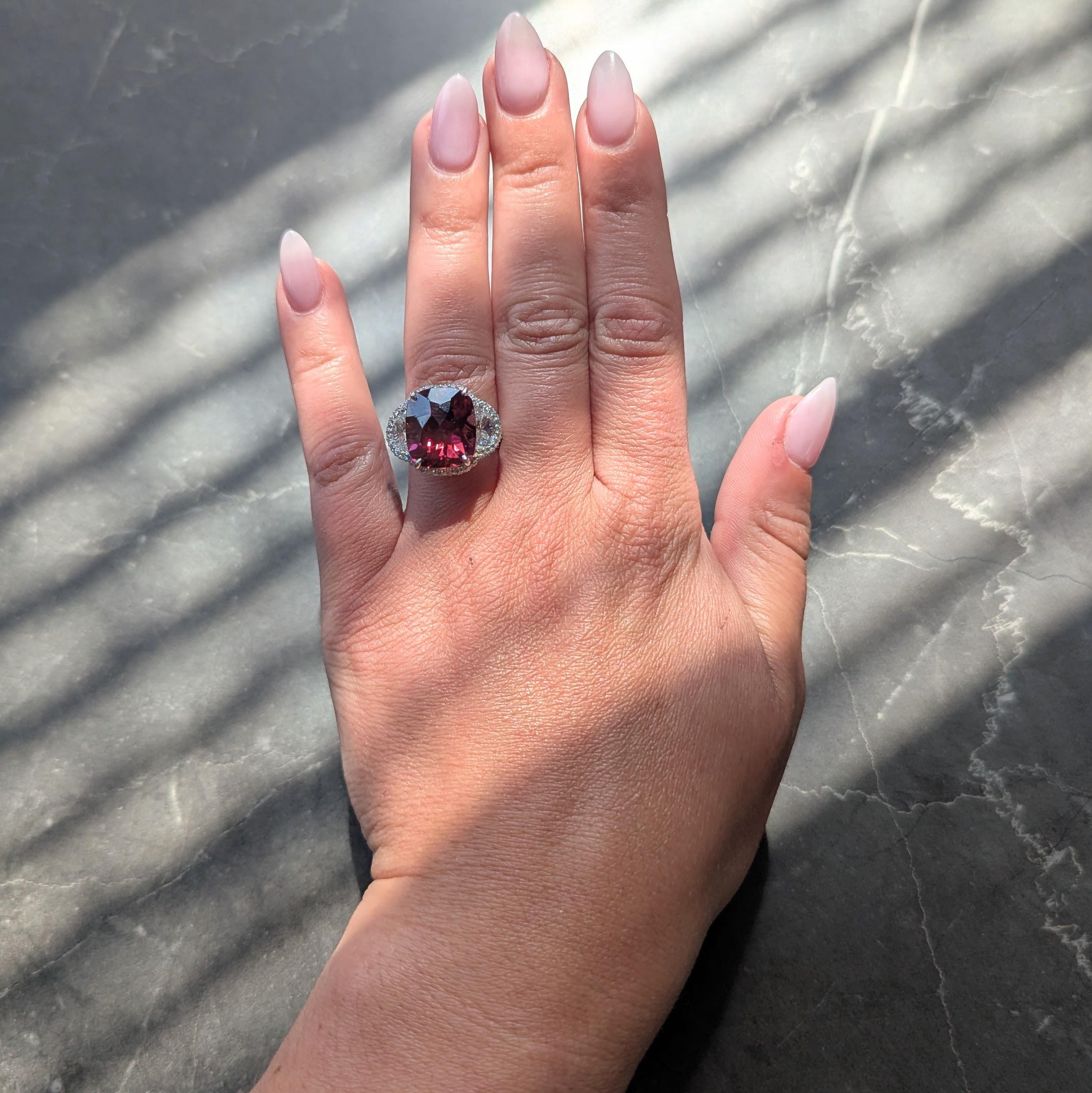 Diamond Rubellite Tourmaline Platinum Contemporary Three Stone Halo Ring