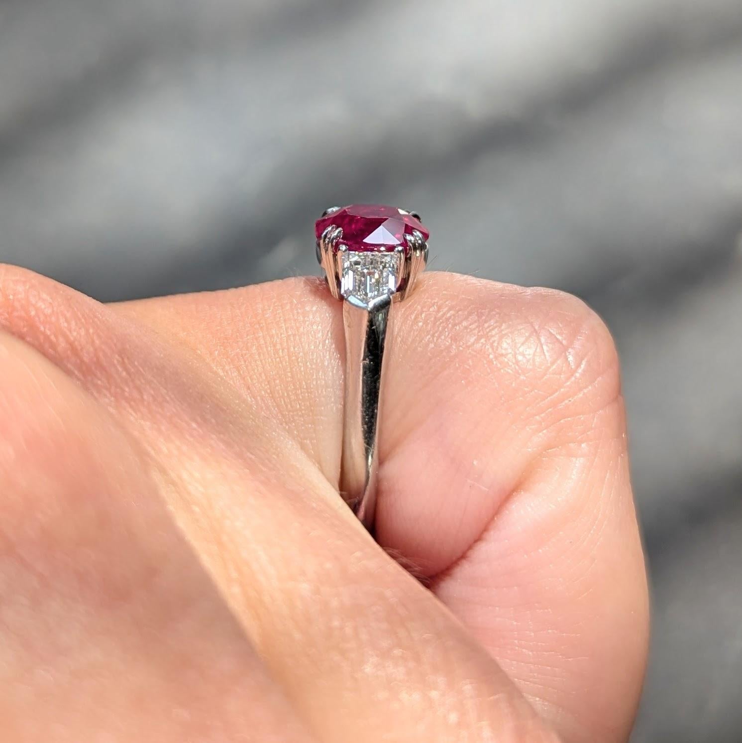 Mid-Century 3.10 CTW Burma Ruby Diamond Platinum Vintage Three Stone Ring AGL