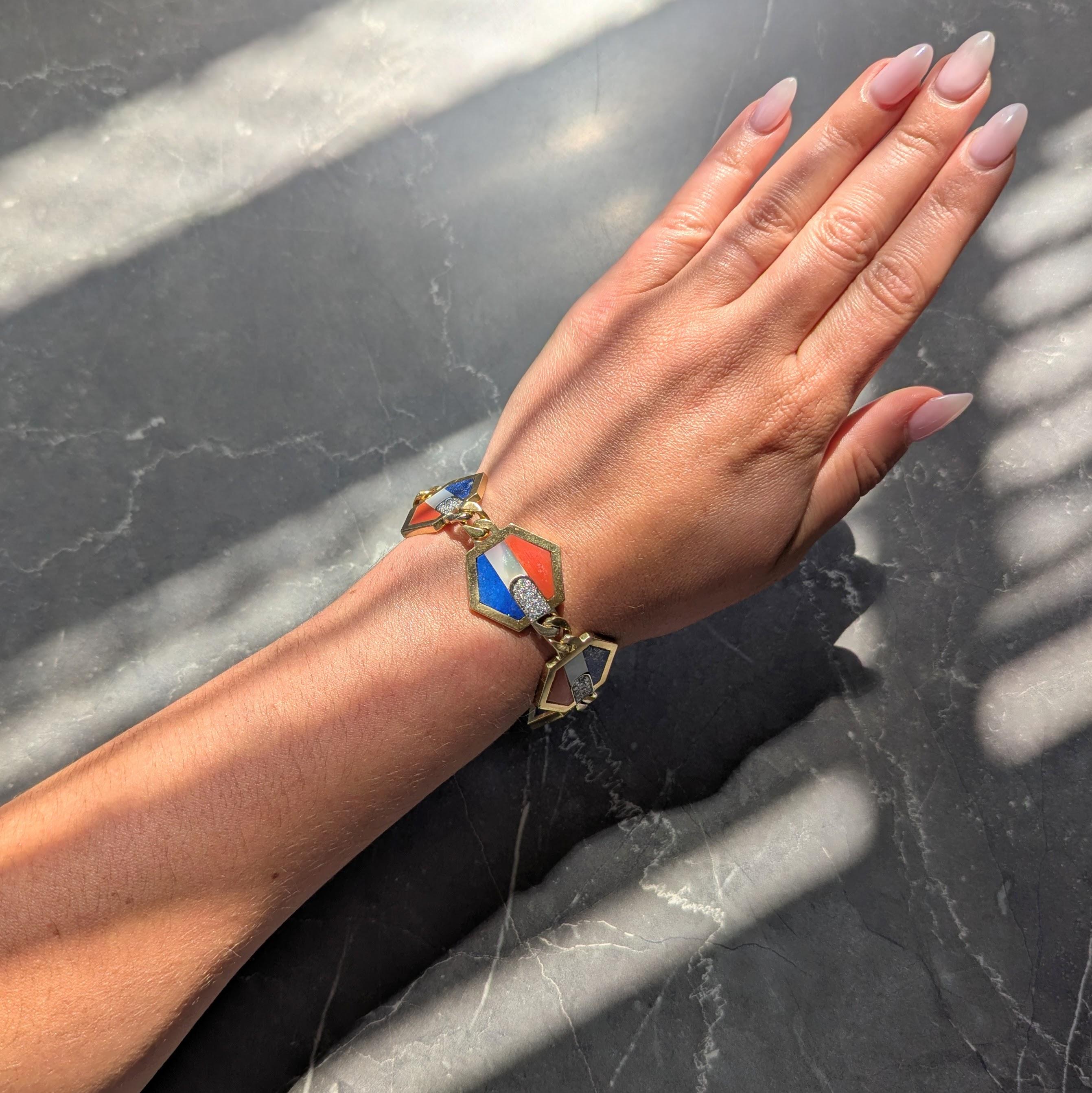 Bulgari Stars and Stripes 1970's Diamond Coral Lapis 18K Gold Vintage Bracelet