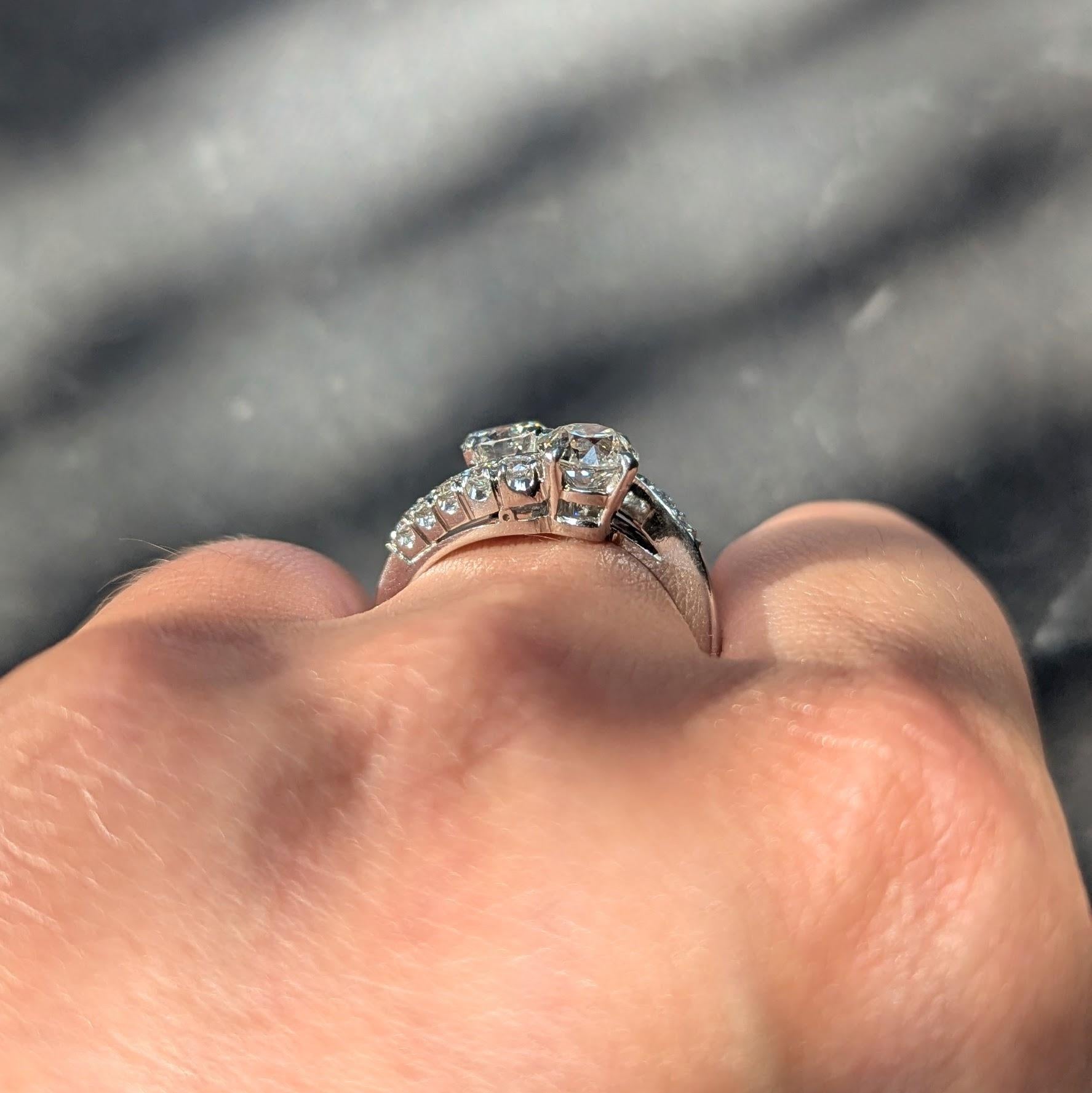 Mid-Century 1950s 1.79 CTW Old European Cut Diamond Platinum Vintage Bypass Ring