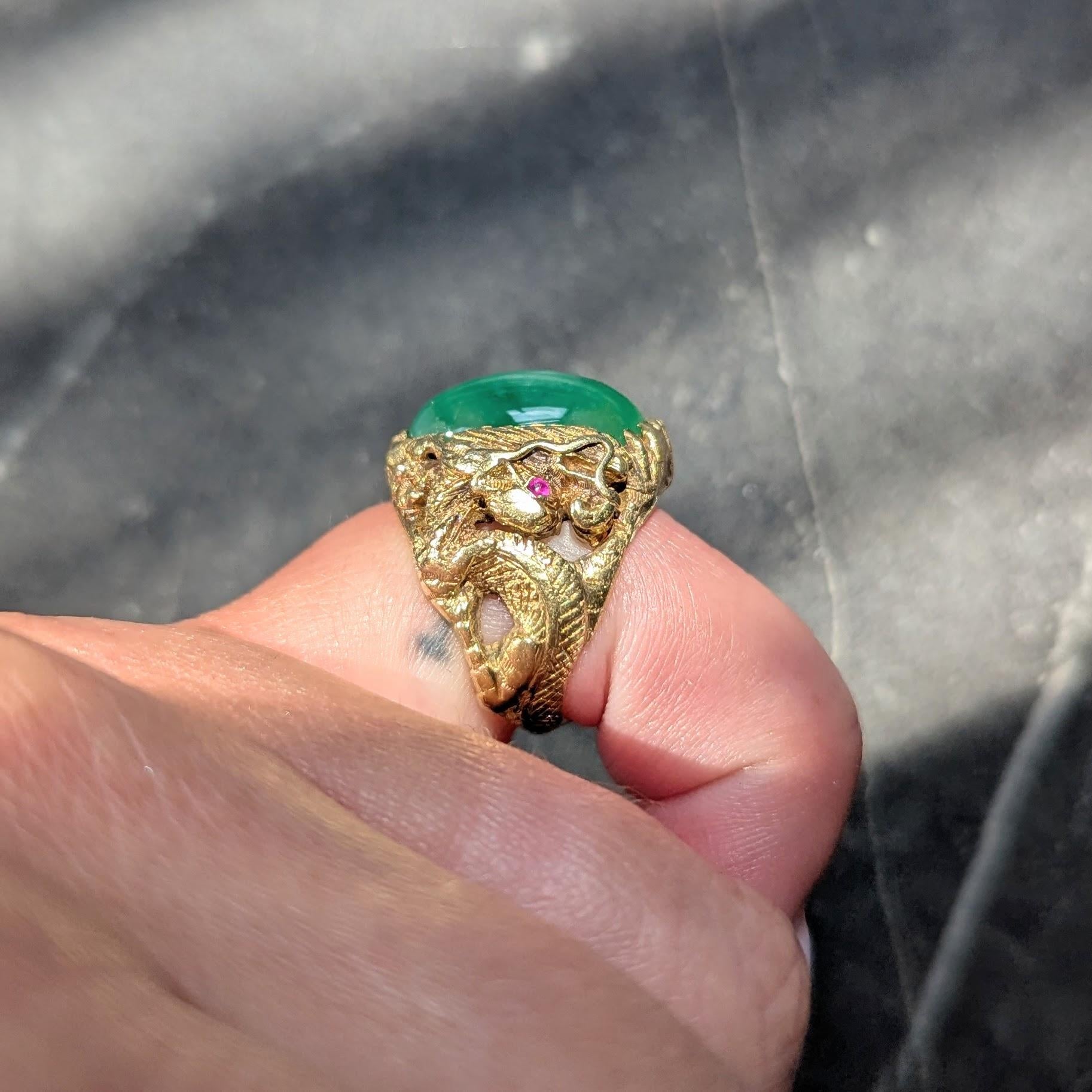 Art Nouveau Jadeite Jade Ruby 18 Karat Yellow Gold Dragon Antique Ring GIA