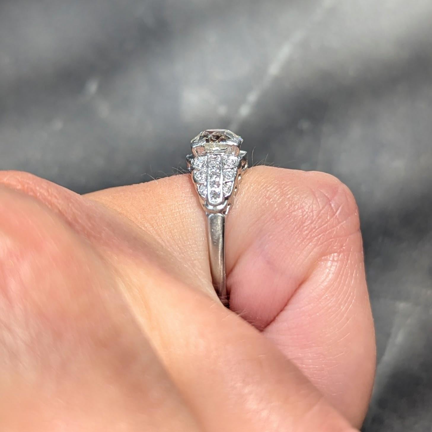 Art Deco Old European Diamond Platinum Square Stepped Vintage Engagement Ring
