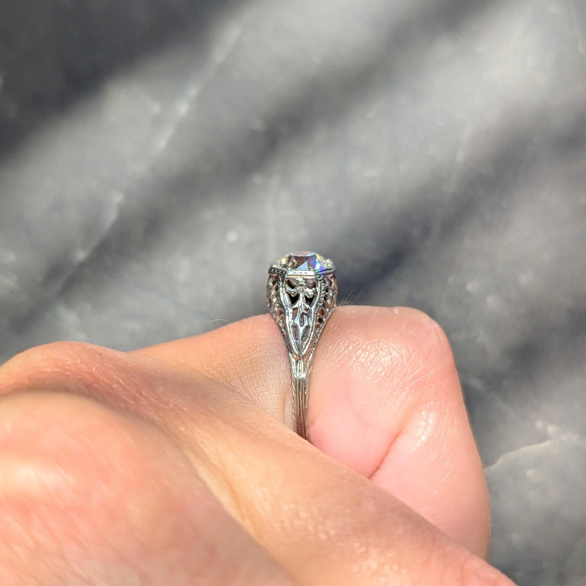 Art Deco Old European Diamond 18K White Gold Foliate Antique Engagement Ring GIA