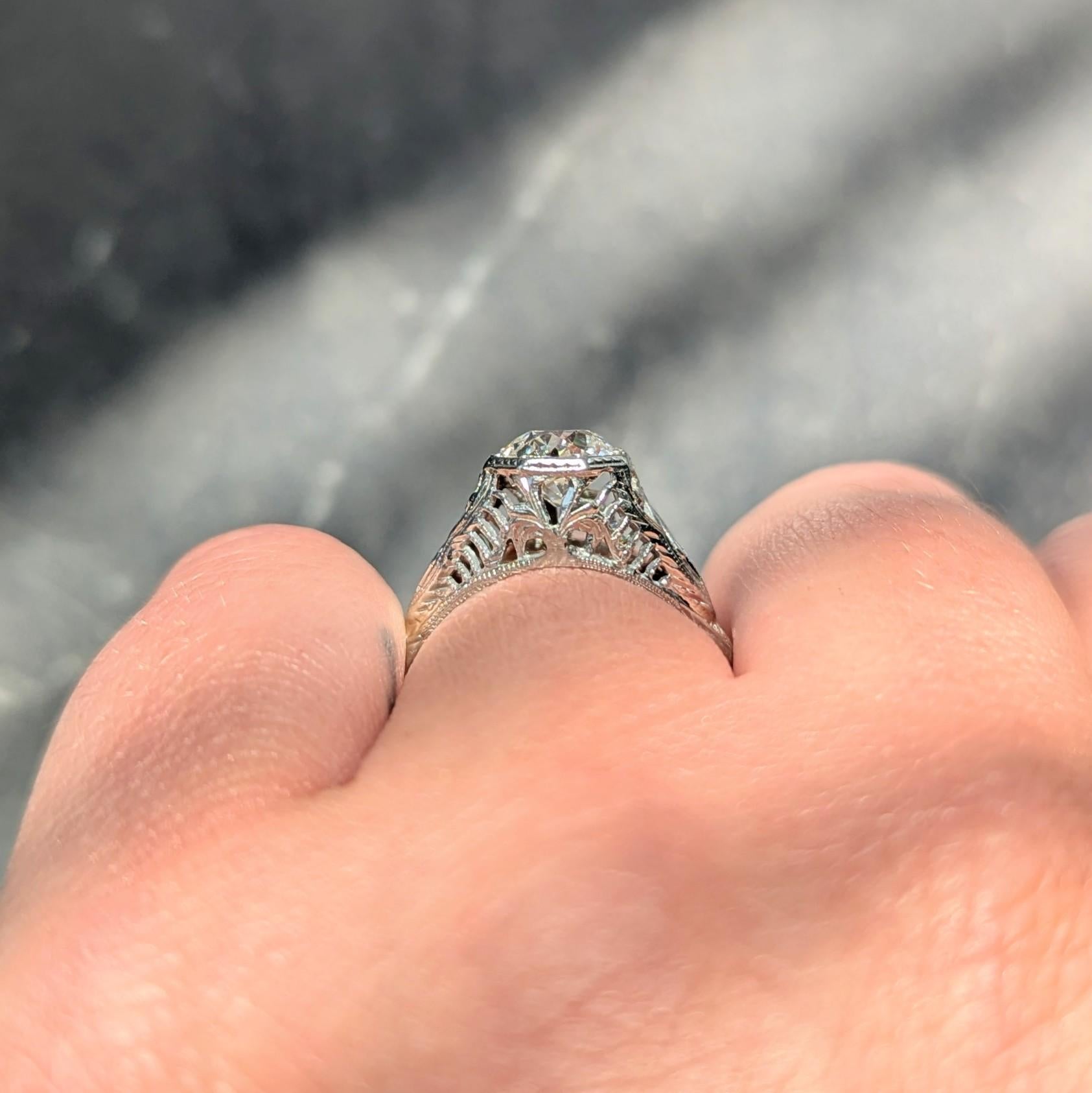 Art Deco Old European Diamond 18K White Gold Foliate Antique Engagement Ring GIA