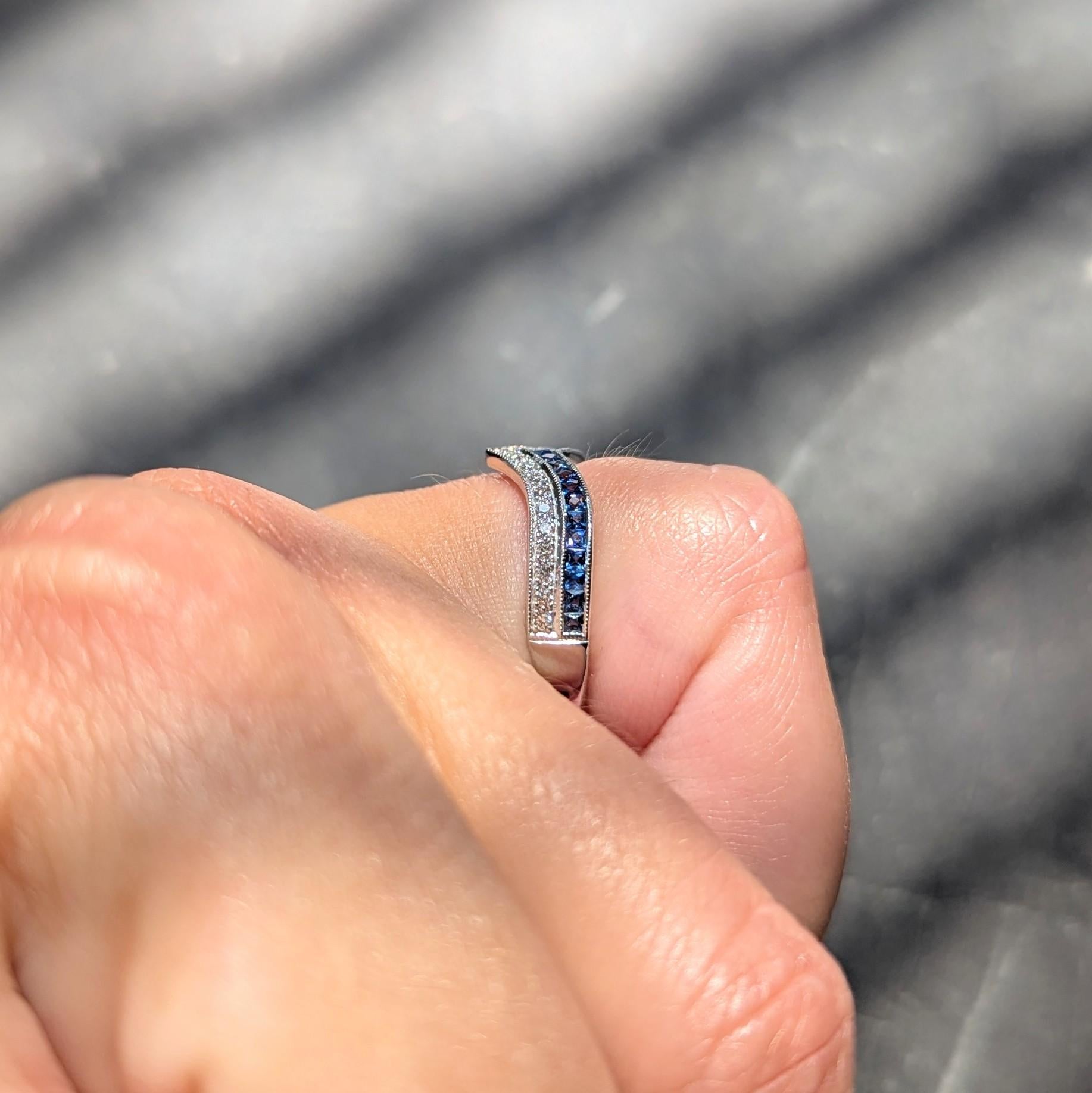 Contemporary French Cut Sapphire Diamond 14K Gold Chevron Contour Band Ring