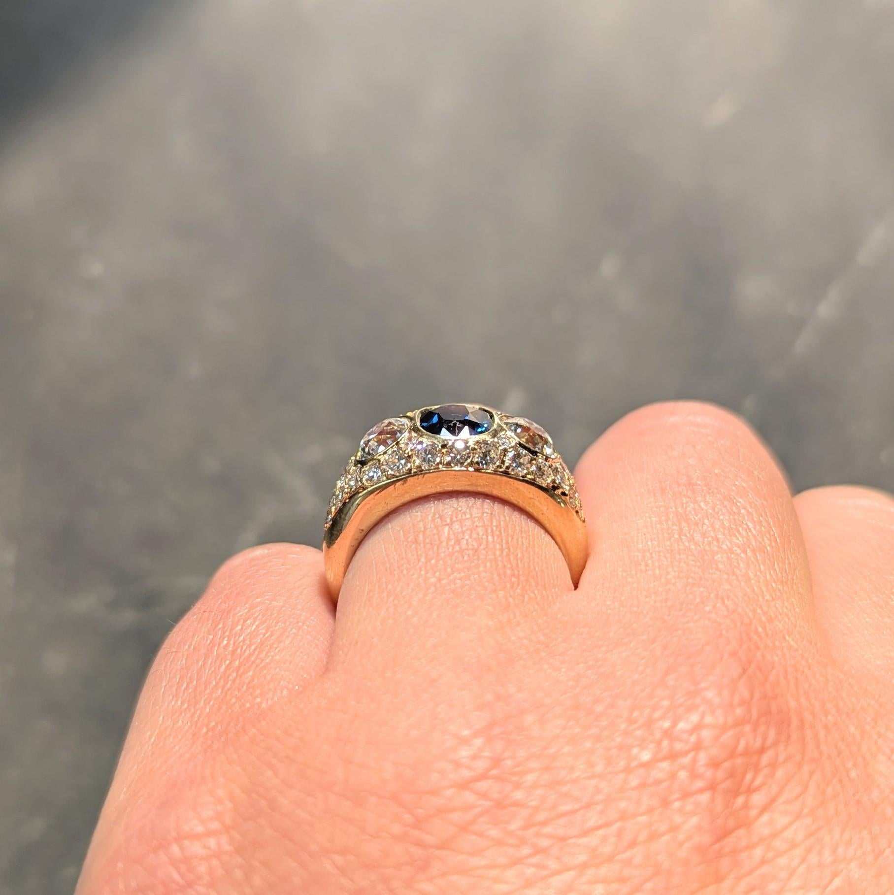 1980's No Heat Sapphire Diamond 18 Karat Yellow Gold Vintage Bombé Ring GIA