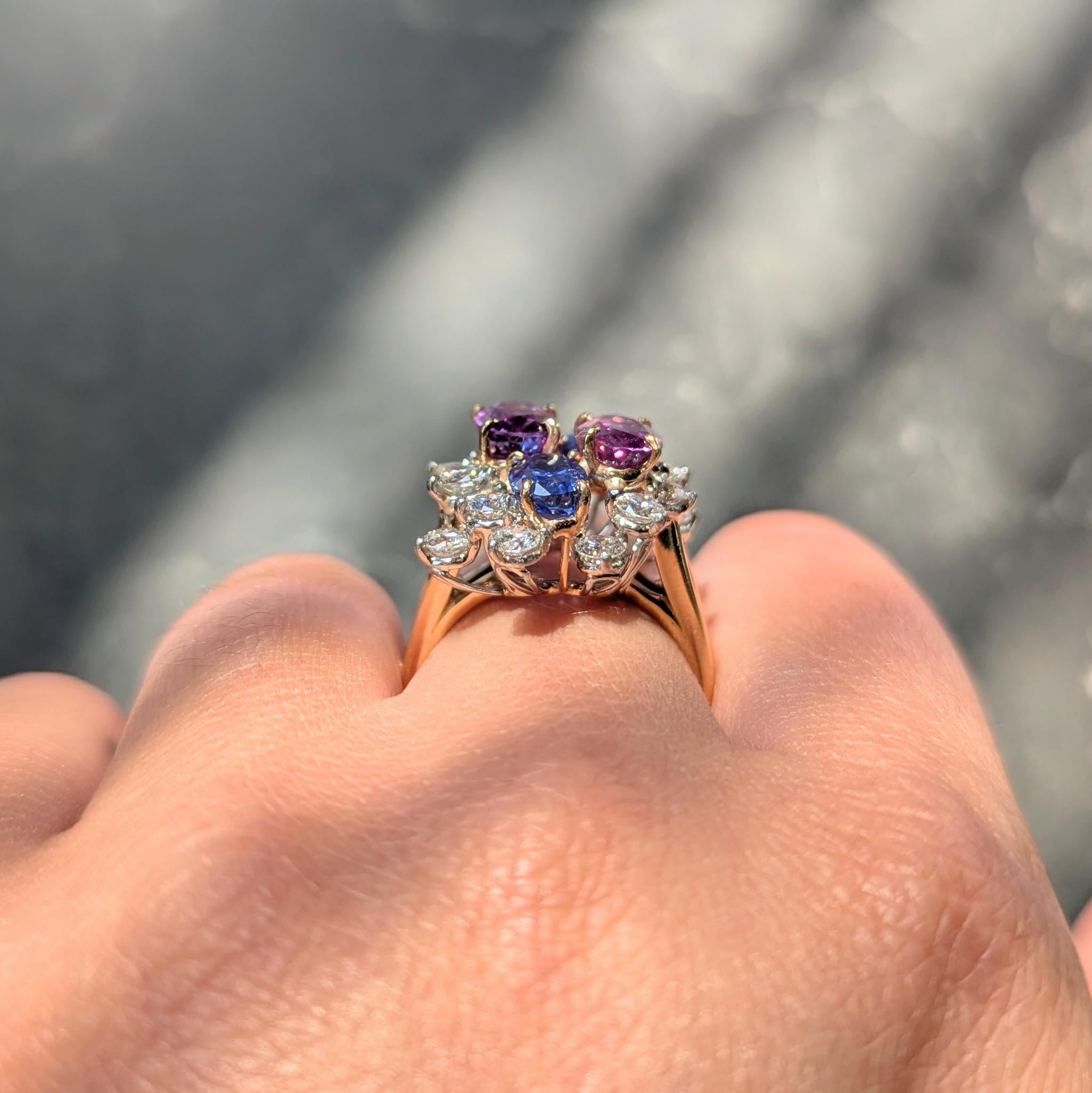 Oscar Heyman 1980's Sapphire Diamond 18K Gold Platinum Vintage Cluster Ring