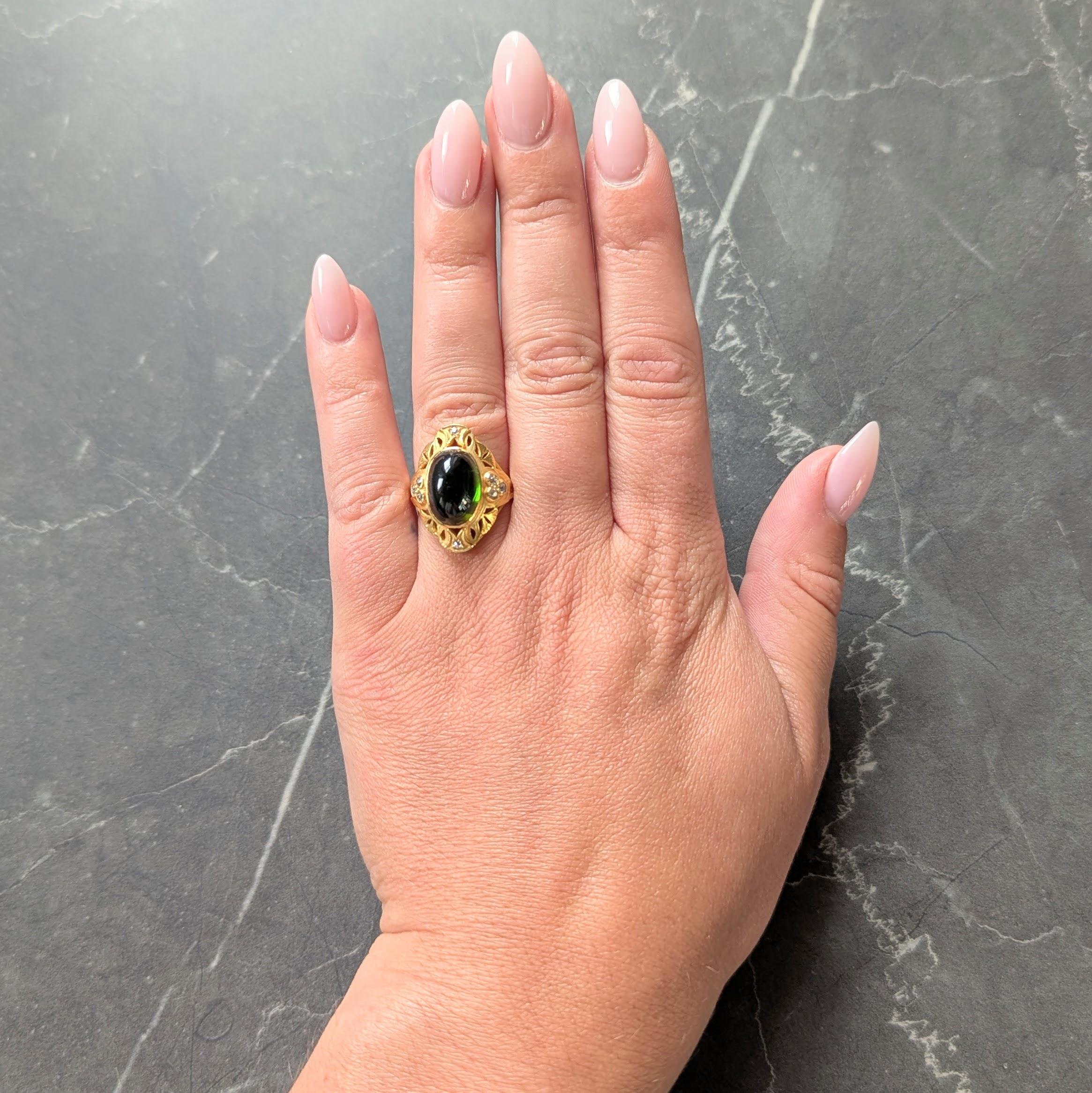 Art Nouveau Tourmaline Diamond 14 Karat Yellow Gold Antique Ginkgo Leaf Ring