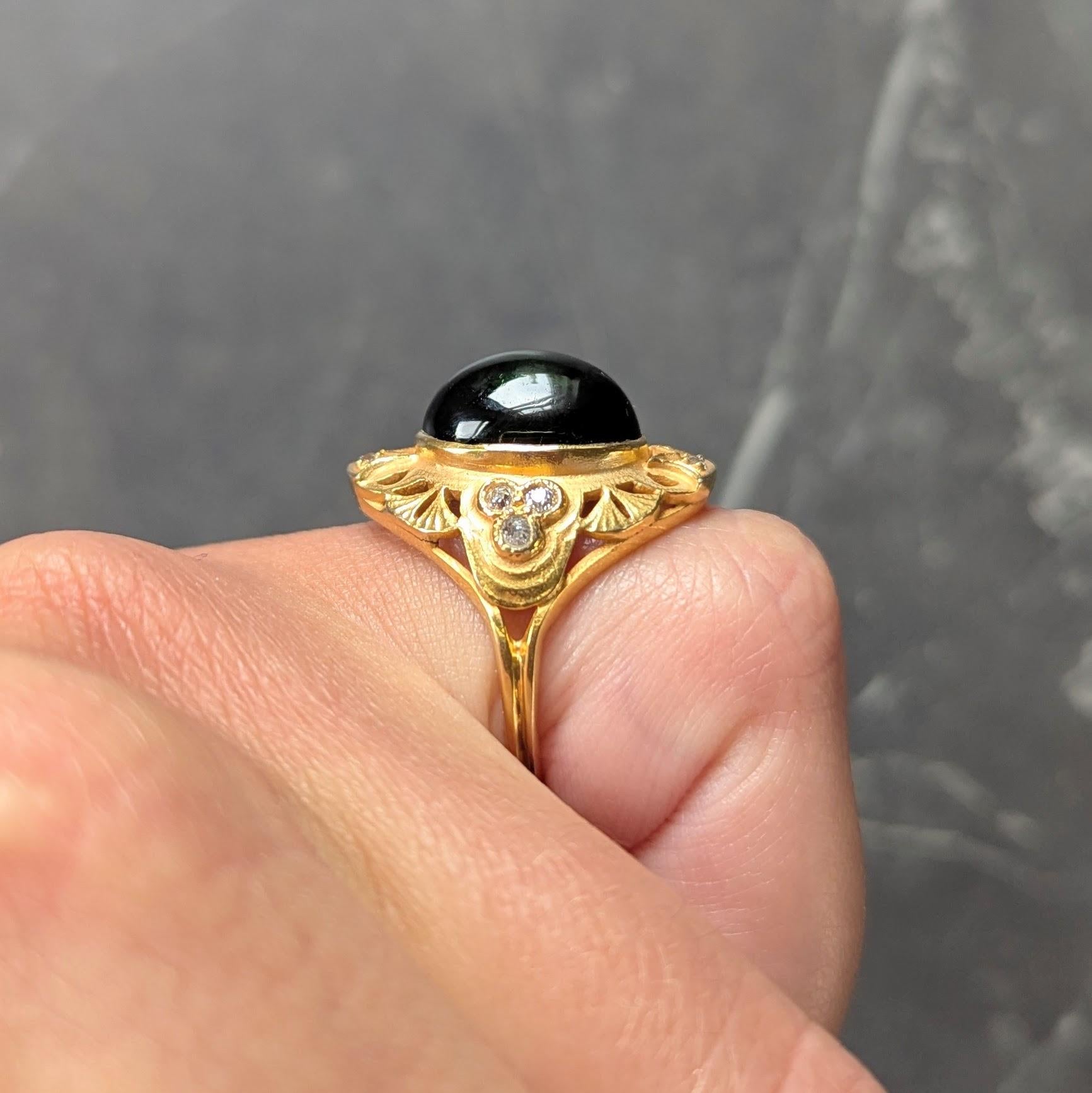 Art Nouveau Tourmaline Diamond 14 Karat Yellow Gold Antique Ginkgo Leaf Ring