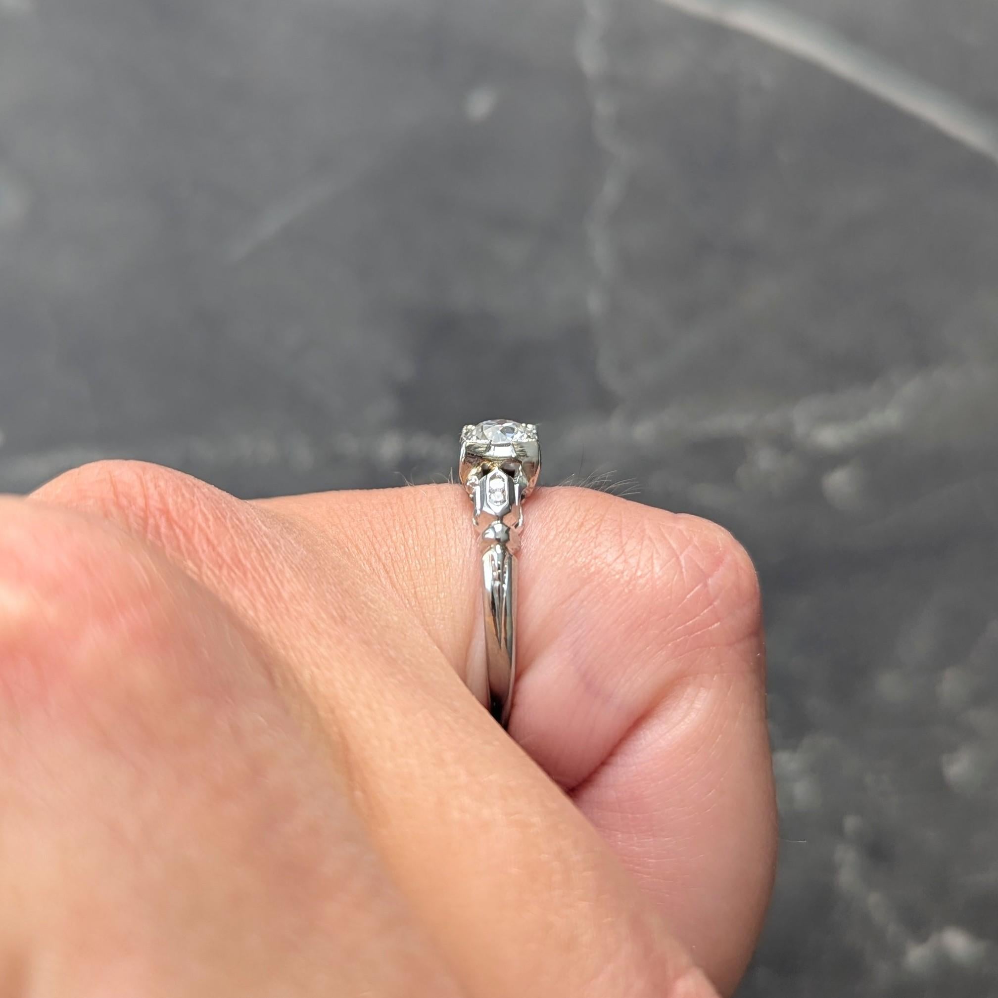 Art Deco Old European Diamond 18 Karat White Gold Vintage Lotus Engagement Ring
