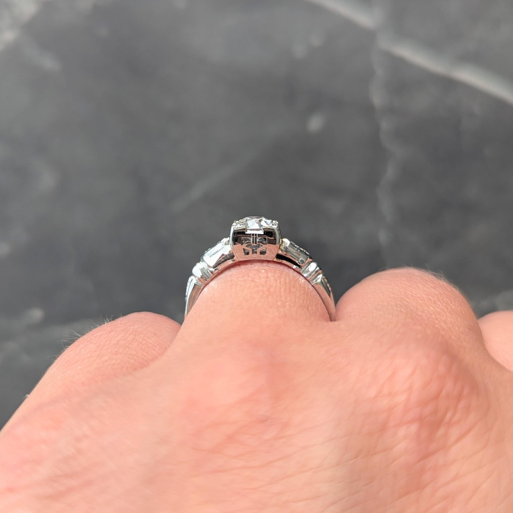 Art Deco Old European Diamond 18 Karat White Gold Vintage Lotus Engagement Ring
