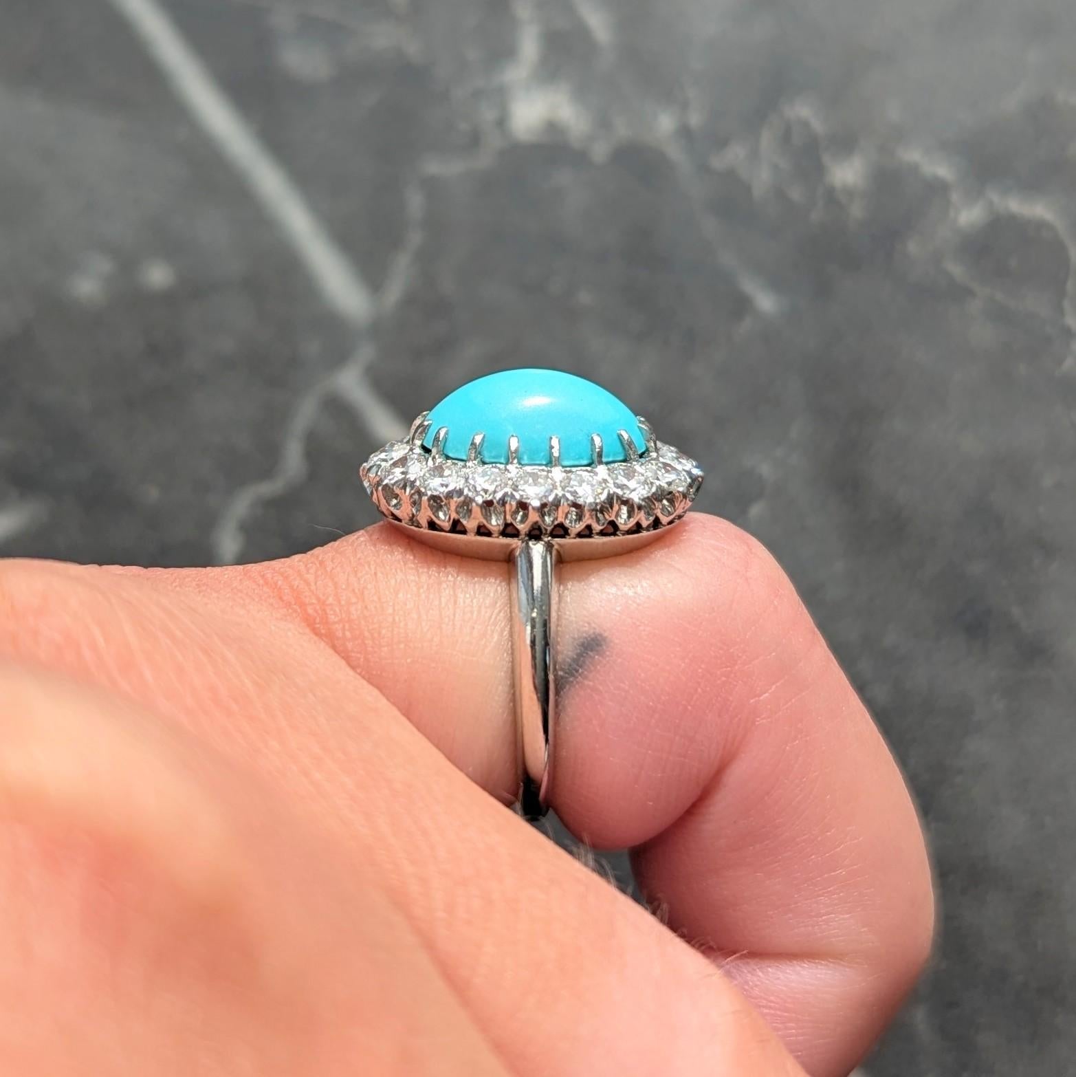 Art Deco 1.12 CTW Turquoise Cabochon Diamond Platinum Vintage Halo Ring