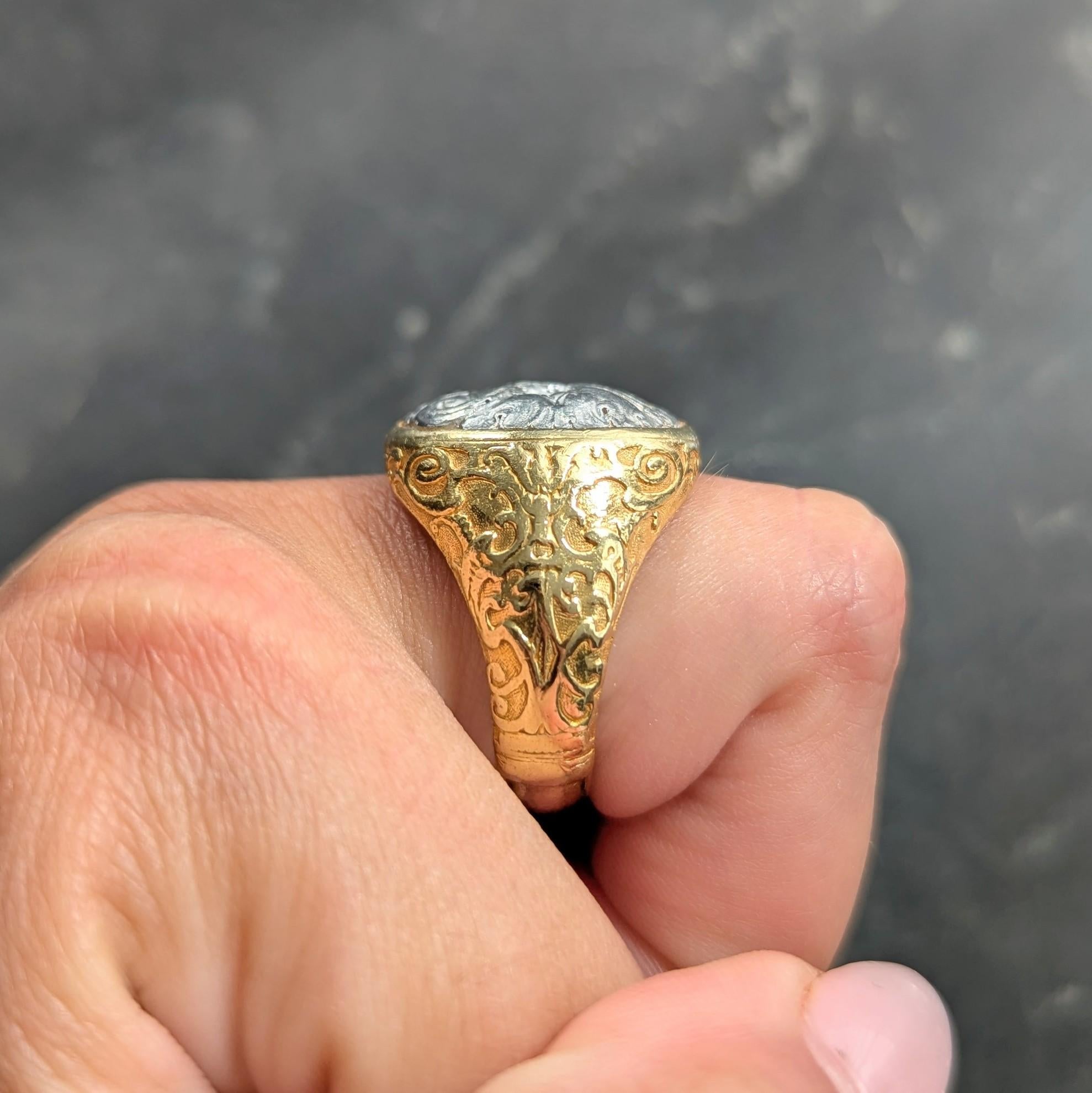 Paul Lantuch 2000's 18 Karat Yellow Gold Platinum Unisex Green Man Signet