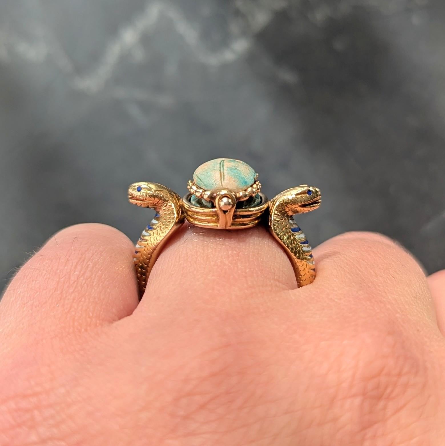 Early Art Deco Egyptian Revival Hardstone Enamel 18K Antique Scarab Snake Ring