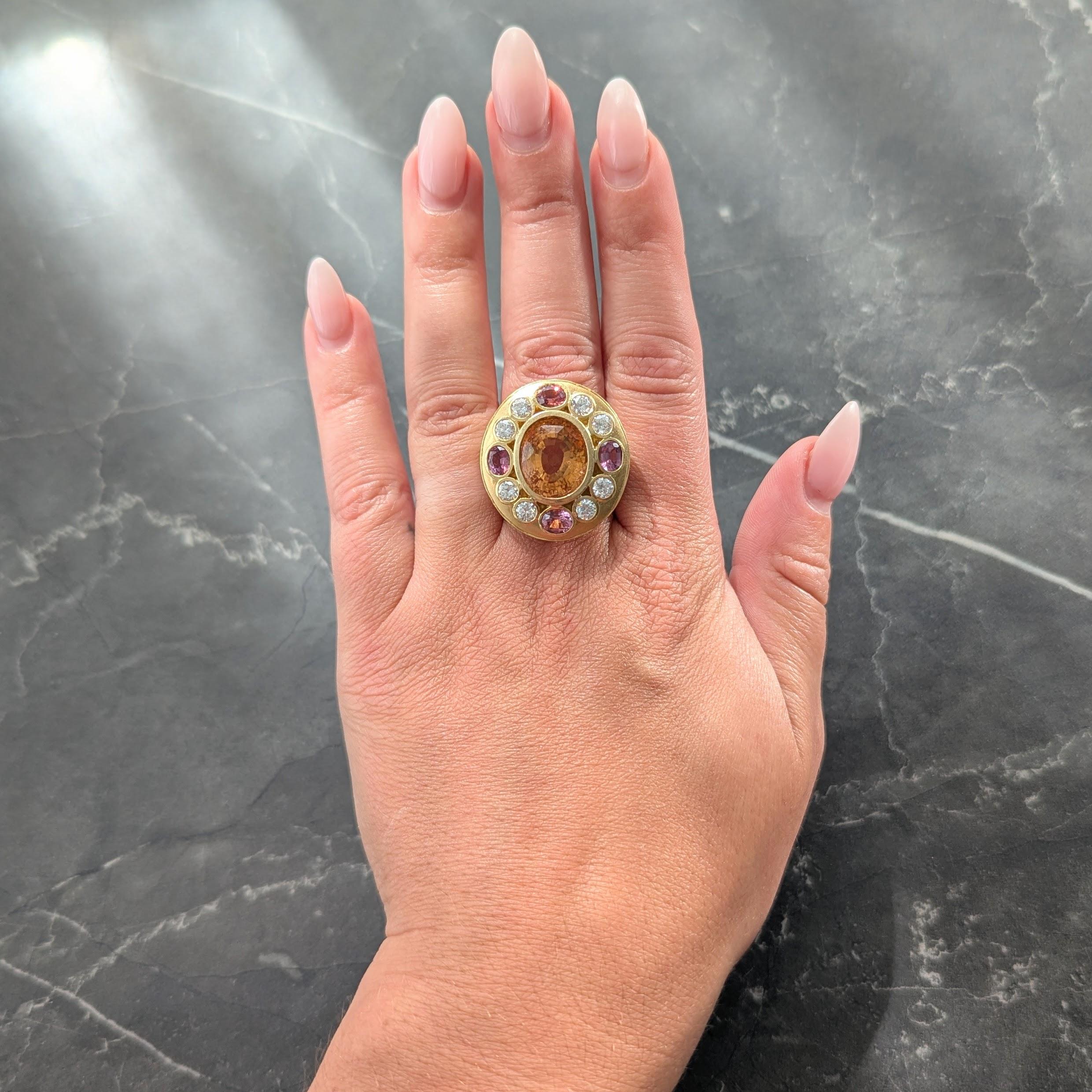 Crevoshay 14.13 CTW Hessonite Spinel Diamond 18K Gold Cluster Contemporary Ring