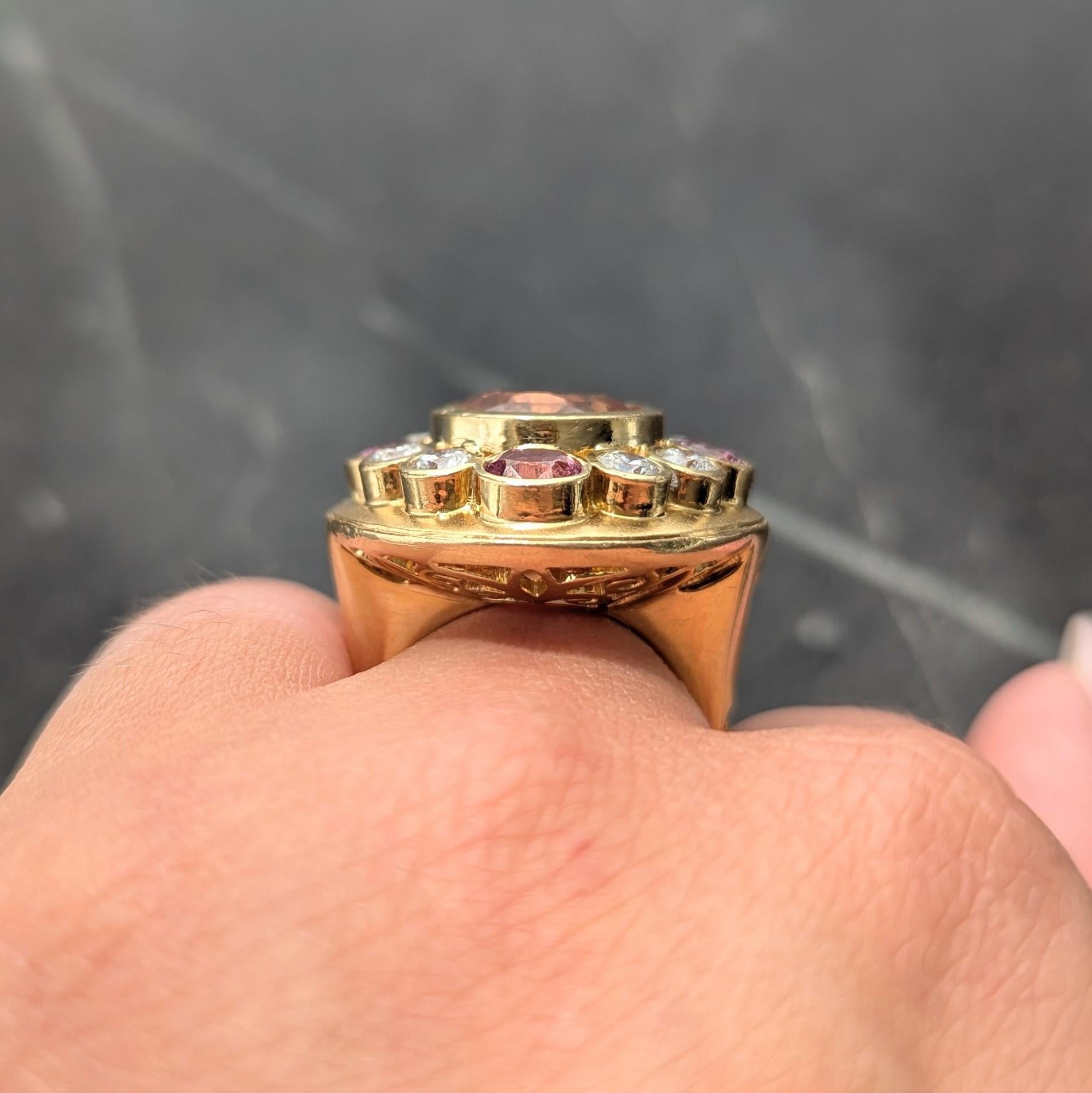 Crevoshay 14.13 CTW Hessonite Spinel Diamond 18K Gold Cluster Contemporary Ring