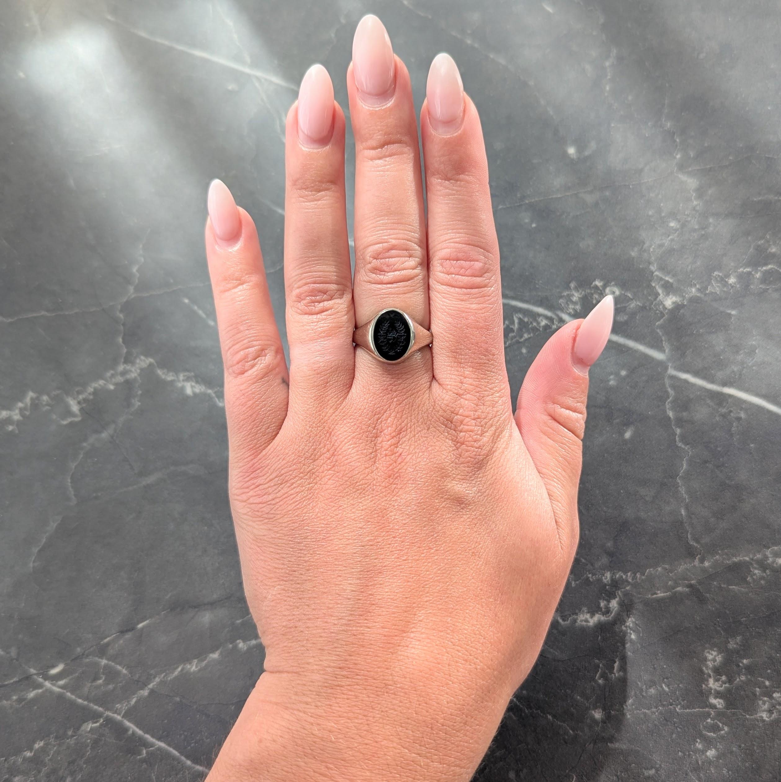 Onyx 14 Karat White Gold Double Novena Heart Unisex Intaglio Signet Ring