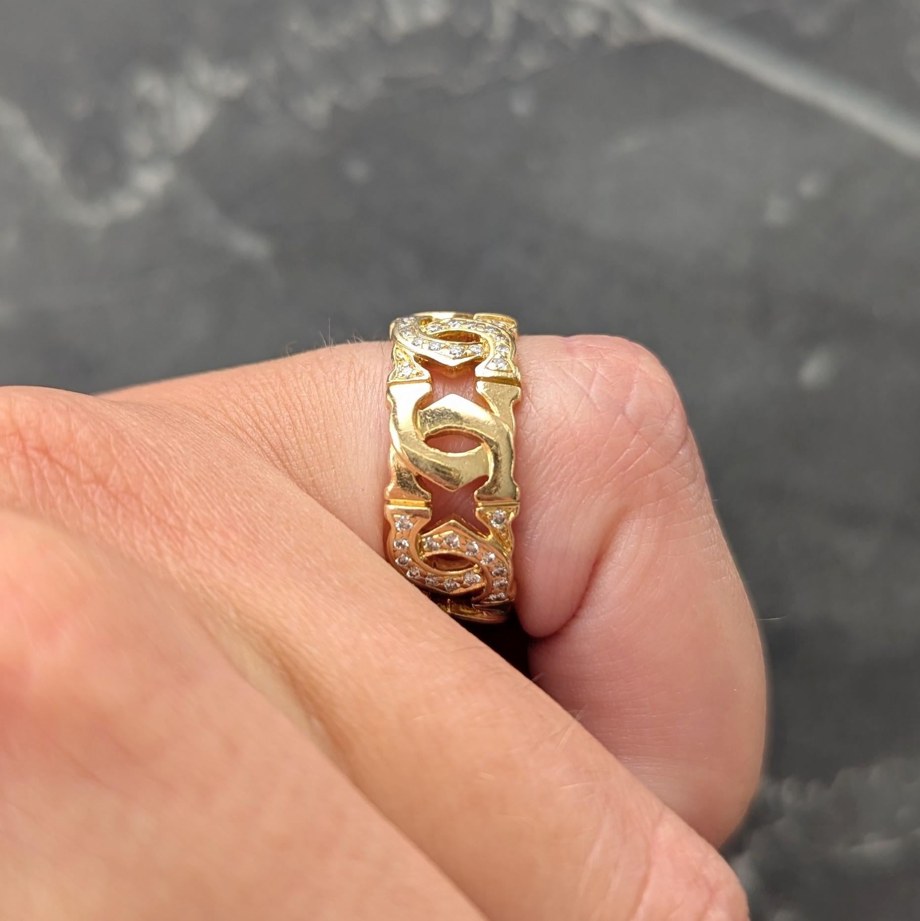 Cartier French Diamond 18K Yellow Gold Vintage Double C Entrelaces Band Ring